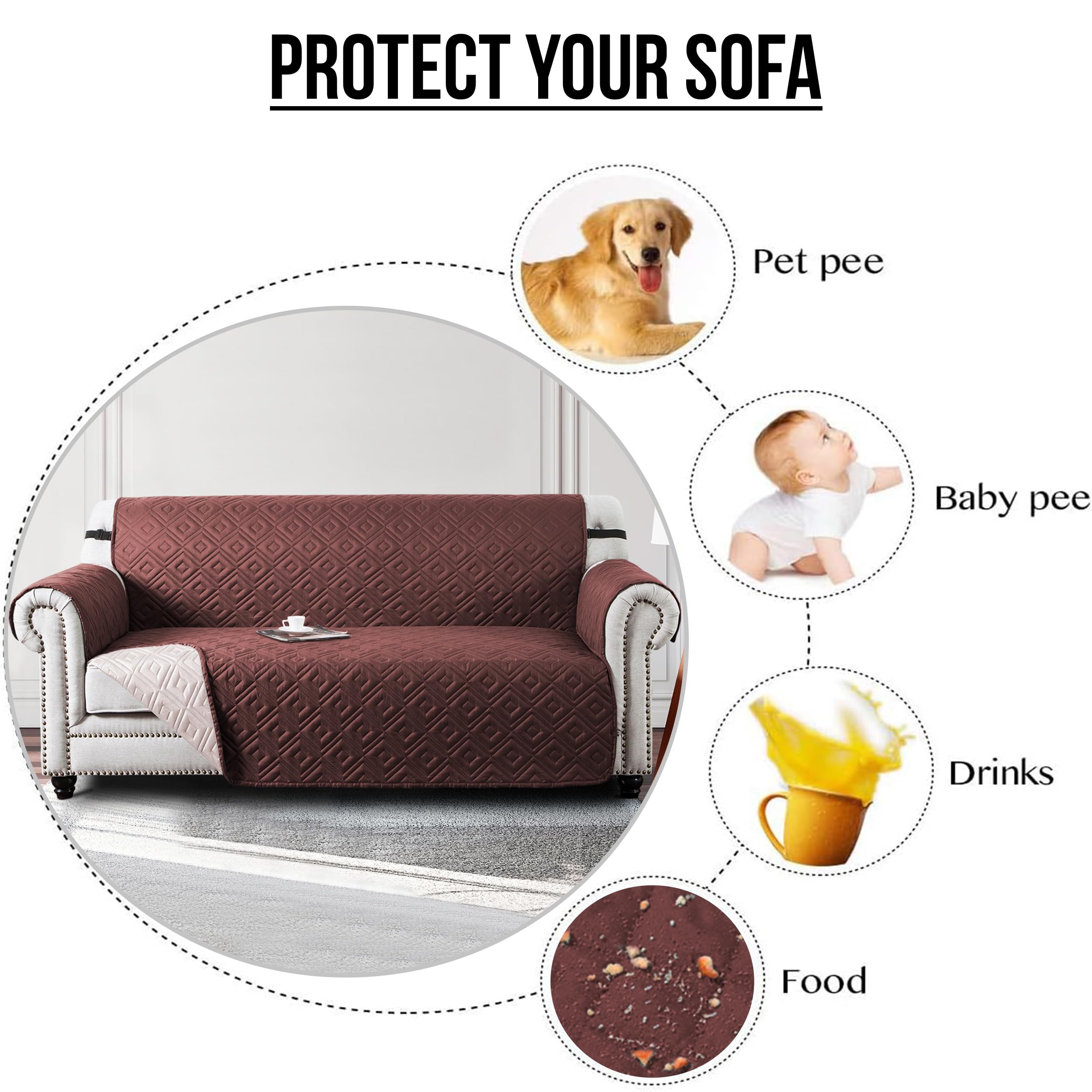 Imperial Rooms 3-Seater Quilted Sofa Cover - Reversible Stretchable Slipcover with Elastic Straps, Water Resistant & Pet-Proof Sofa Protector in Brown-Beige | Perfect for Living Room, Family Room & Pet-Friendly Homes