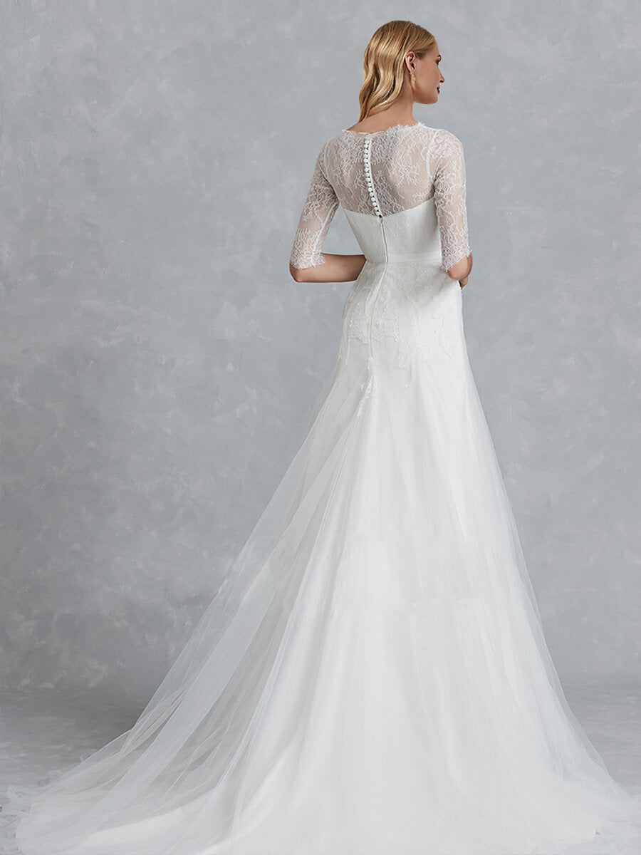 Elegant 1/2 Sleeve Illusion Sweetheart A-Line Floor Length Soft Lace Wedding Dress for Brides - Perfect for Church Ceremonies, Beach Weddings & Romantic Vows