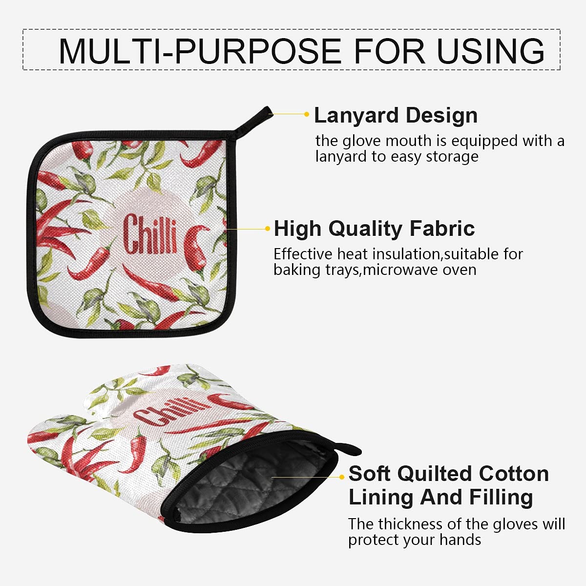 Bright Chili Pepper Oven Mitts and Pot Holders Set - 2-Piece Heat Resistant Kitchen Gloves & Trivet Mats for Baking, BBQ, Cooking - Non-Slip Farmhouse Style Home Decor (Perfect for Farmhouse Kitchens, Holiday Cooking & Gift Giving)