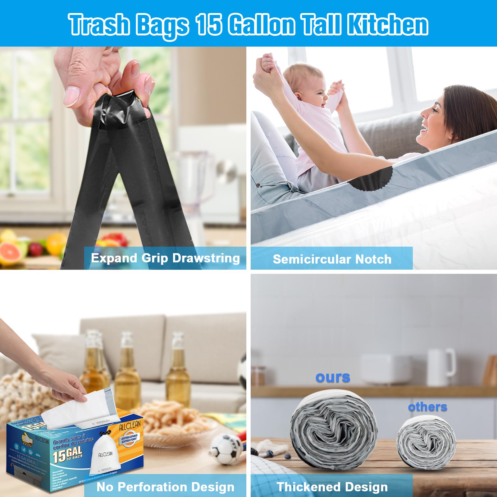 15 Gallon Tall Kitchen Trash Bags with Drawstring - Strong Recyclable Garbage Bags for Indoor & Outdoor Use - Fresh Clean Unscented Large Recycling Bags for Kitchen, Bathroom, Office, and Camping
