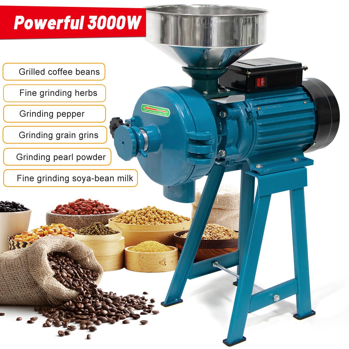 3000W Electric Grain Mill Grinder for Wet & Dry Grains - Commercial & Home Use Flour Mill for Rice, Wheat, Corn | Perfect for Baking, Farm Use & Latin Cooking (Molino de Maiz Electrico)