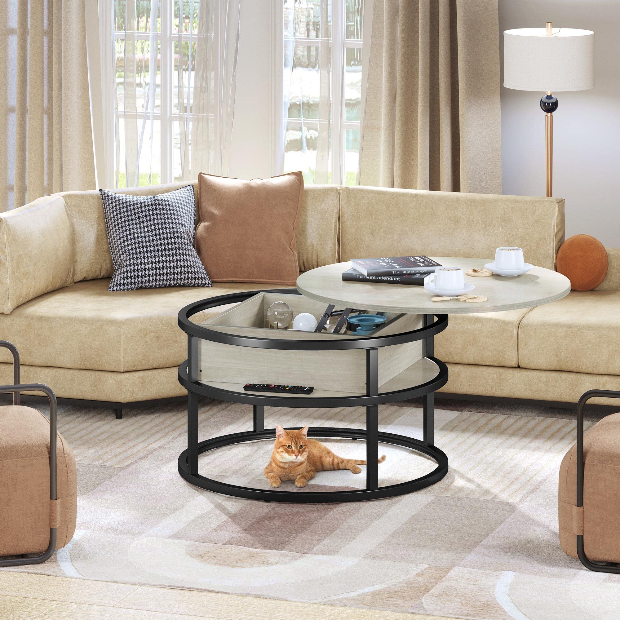 YITAHOME Round Lift Top Coffee Table with Hidden Storage - Modern Living Room Center Table in White Oak for Home Office & Small Spaces | Perfect for Entertaining, Storage & Workspace