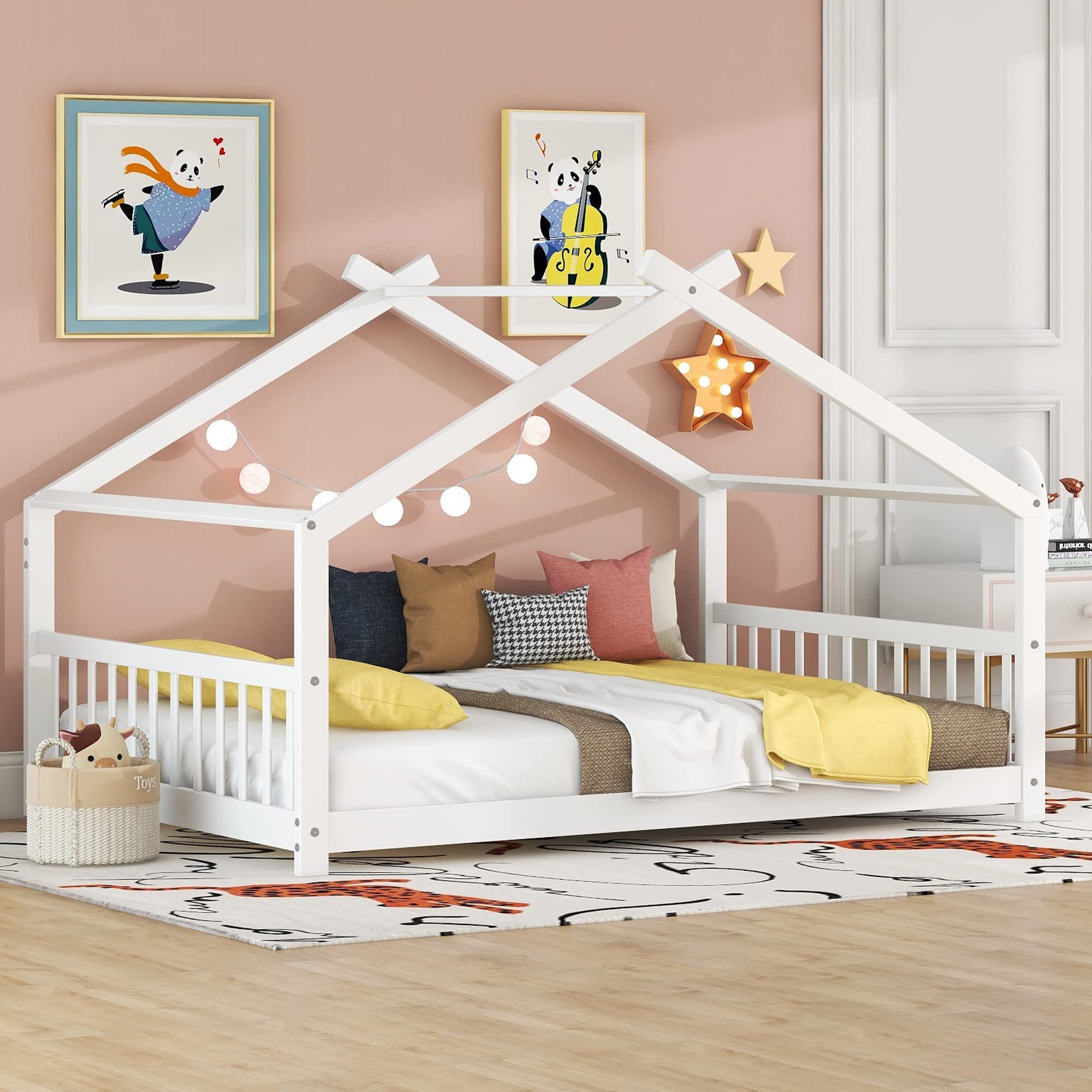 Montessori Wooden Bed Frame for Kids - White Full House Platform Bed with Headboard & Footboard - Toddler, Boys, Girls & Teens Bedroom Furniture - Perfect for Montessori Rooms, Playrooms & Shared Kids' Spaces