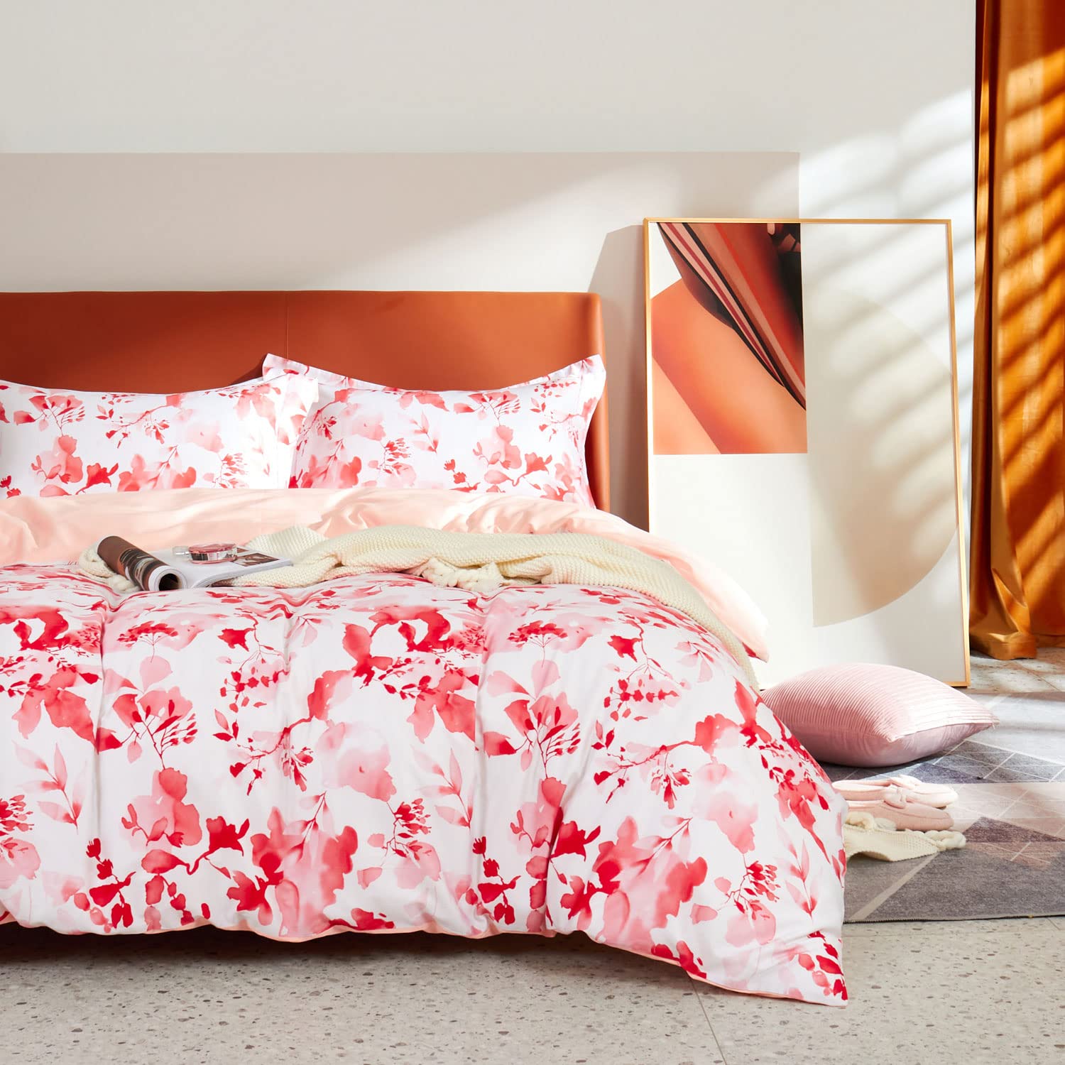Premium 100% Egyptian Cotton Duvet Cover Set - Queen Size 3-Piece Watercolor Red Botanical Floral Printed Bedding with Zipper Closure & Corner Ties | Soft Breathable Luxury Bed Sheets for Master Bedroom, Guest Room & Hotel Decor (Comforter Not Included) - Nakhan Collection
