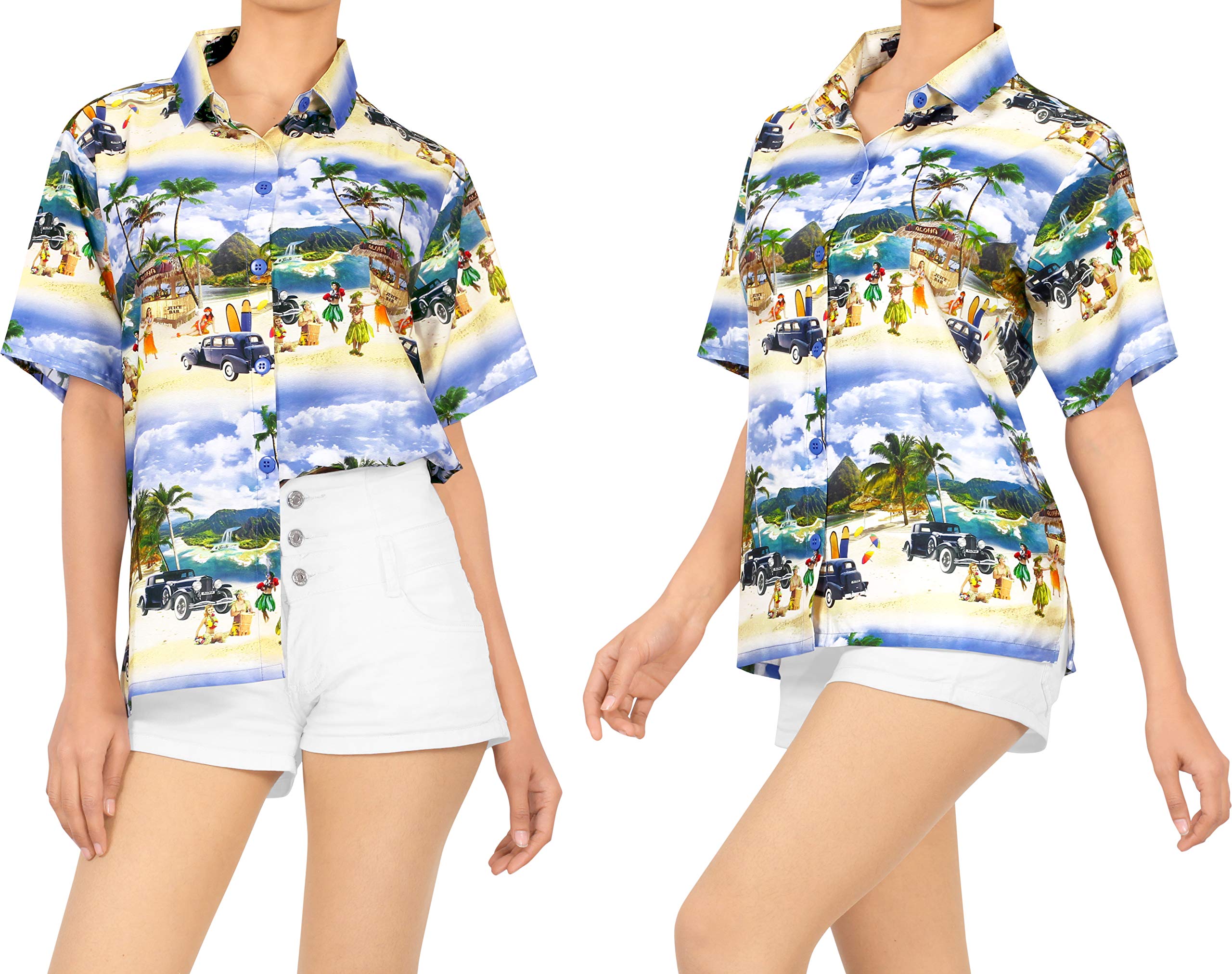 Happy Bay Women's Short Sleeve Hawaiian Shirt - Tropical Floral Print Beach Blouse for Summer Vacation, Pool Party & Casual Outfit