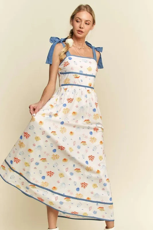 Stylish Denim Binding Summer Maxi Dress for Women - Flowy Beach Dress with Pockets | Perfect for Vacations, Pool Parties & Casual Outings