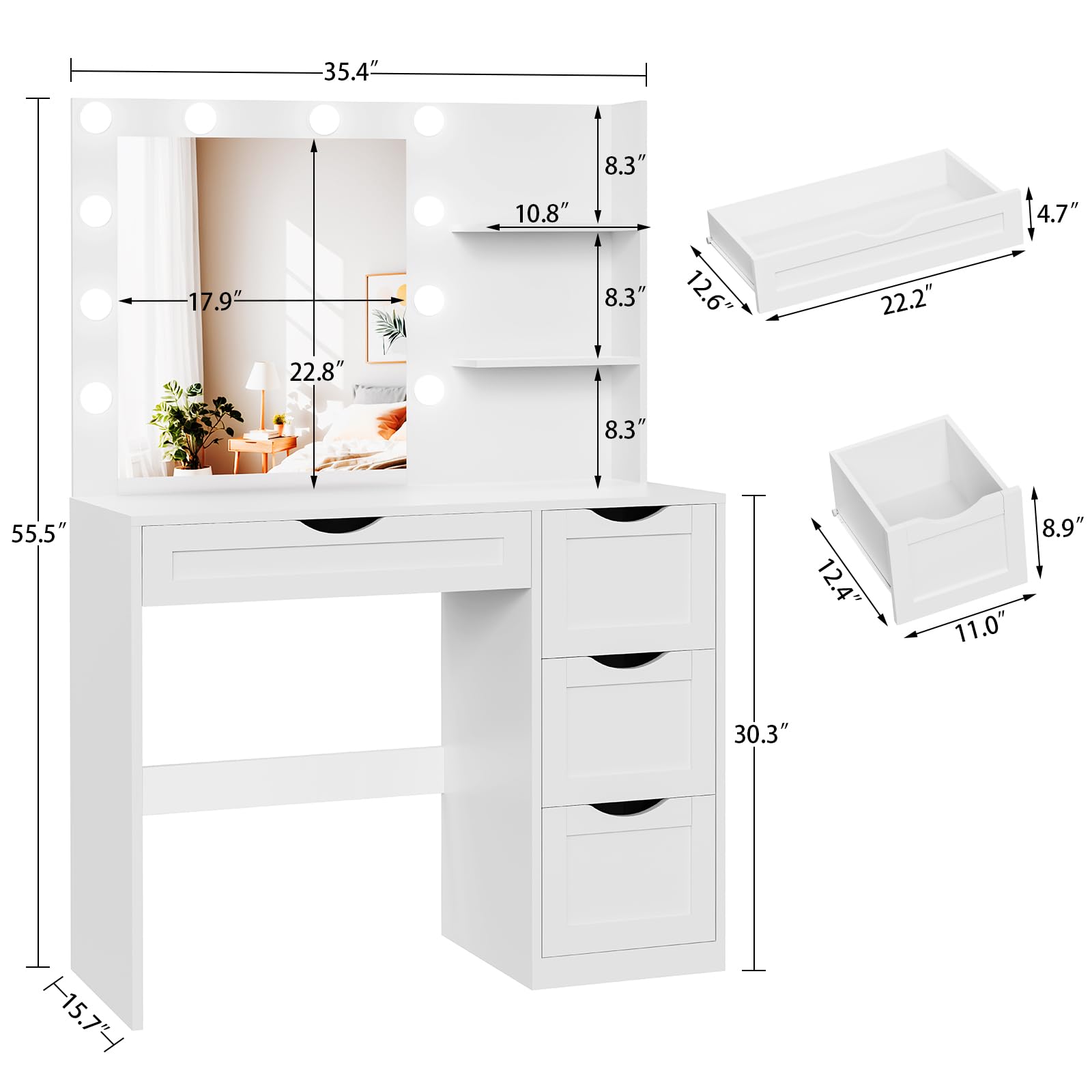 USIKEY White Makeup Vanity Desk with LED Mirror & 10 Adjustable Lights - 4 Drawers, 2 Storage Shelves, 3 Color Modes - Perfect Dressing Table for Bedroom, Home Salon & Beauty Room Organization