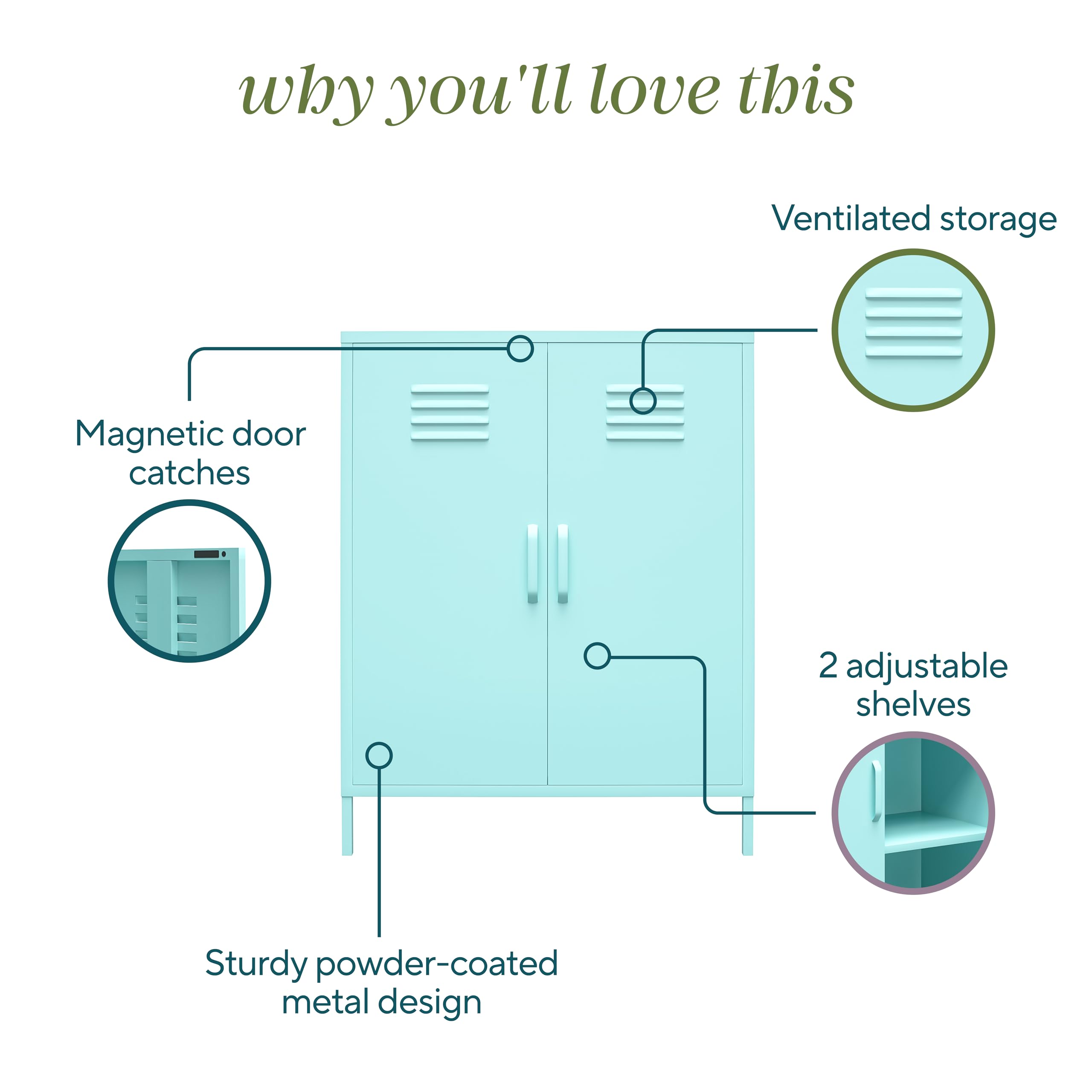 Novogratz Cache 2-Door Metal Locker Storage Cabinet in Mint Green - Perfect for Home, Office, Dorm & Garage Organization