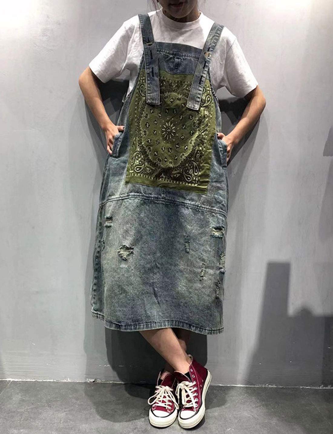 Flygo Women's Loose Fit Baggy Denim Overalls - Midi Length Pinafore Jumper Dress with Skirt | Casual Outfit for Streetwear, Date Night & Spring Fashion