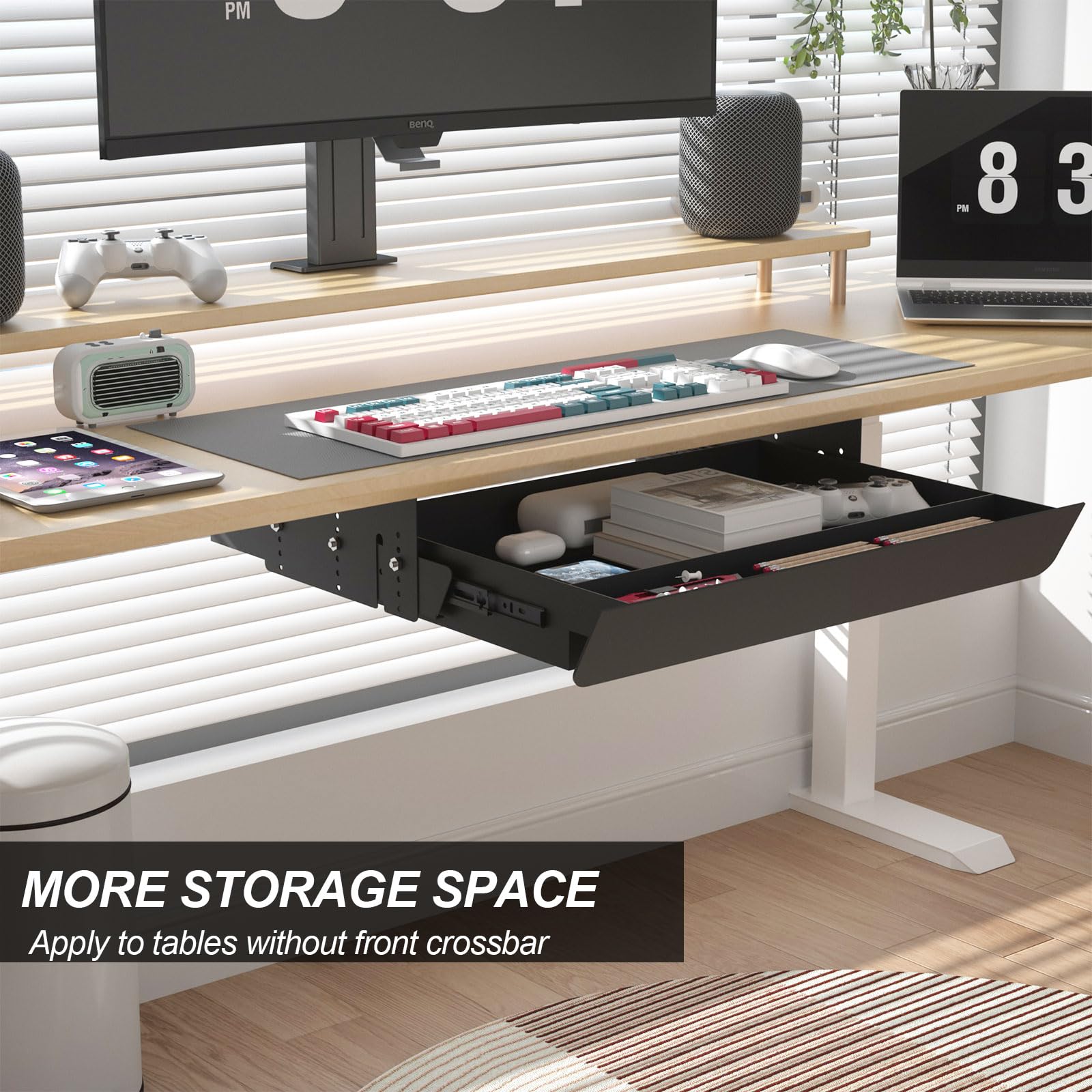 Under Desk Sliding Pull-Out Drawer - Height Adjustable Storage Organizer for Standing Desk (Fits Tables with Front Crossbar, 3.5