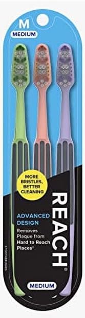 REACH Advanced Design Toothbrushes - Medium Bristles, 2-Pack for Adults - Gentle & Effective Cleaning for Sensitive Teeth & Gums - Perfect for Travel, Home & Office Use