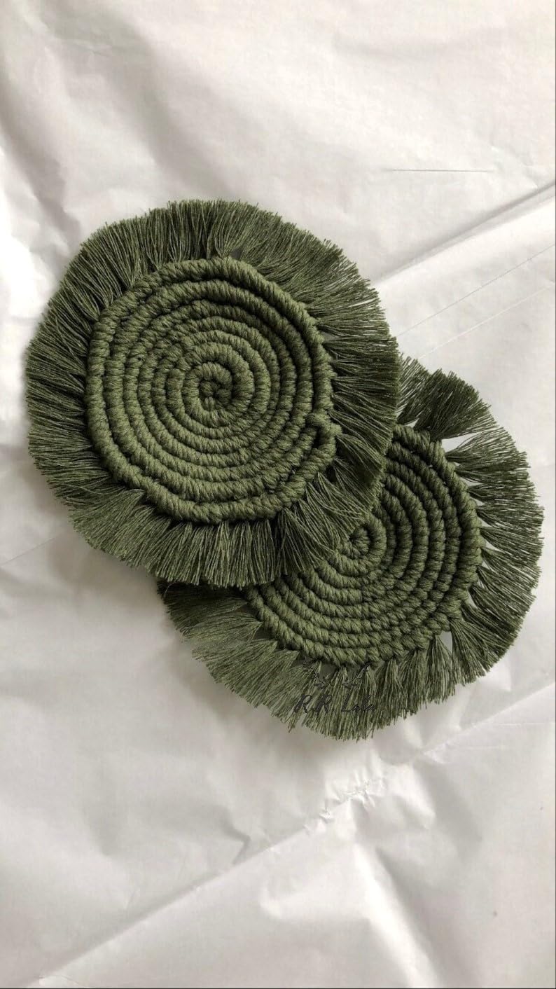 Handmade Macrame Coasters Set of 4 - 4 Inch Round Boho Tea & Coffee Cup Coasters with Frills in Cool Green - Perfect Gift for Home Decor, Kitchen & Dining Table Accessories