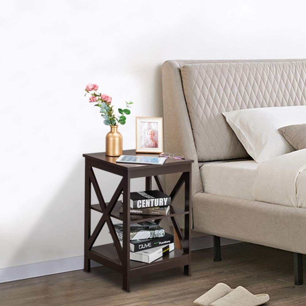 3-Tier Wooden X-Design Side Table - Sofa End Table, Bedside Nightstand with Shelf for Living Room, Bedroom & Office - Home Furniture Organizer & Display Unit