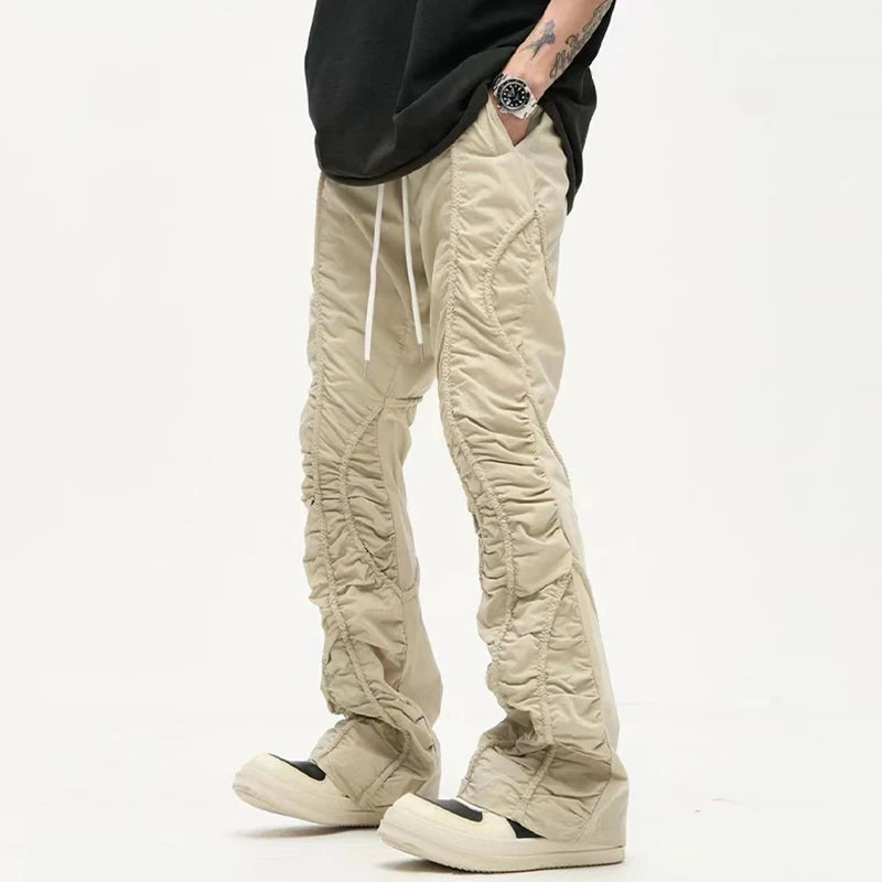 American Style Pleated Men's Pants - Casual Drawstring Waist, Solid Color Straight Fit Loose Wide Leg Trousers for Men (Niche 9C8825) | Perfect for Office, Travel & Everyday Wear