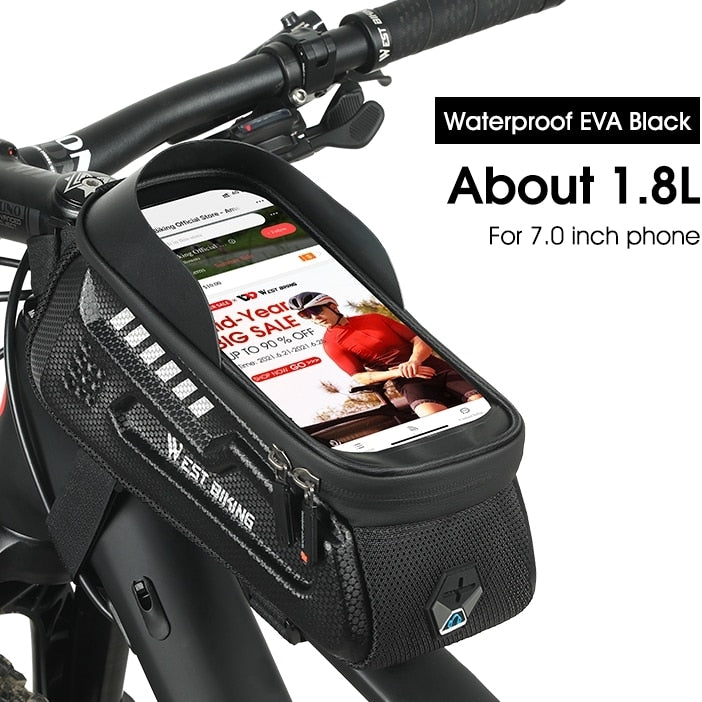 Waterproof MTB Bike Frame Bag - Front Top Tube Bicycle Phone Pouch for 6-7.2 Inch Touch Screen Devices | Cycling Accessories for Mountain & Road Bikes | Perfect for Commuting, Trail Riding & Outdoor Adventures
