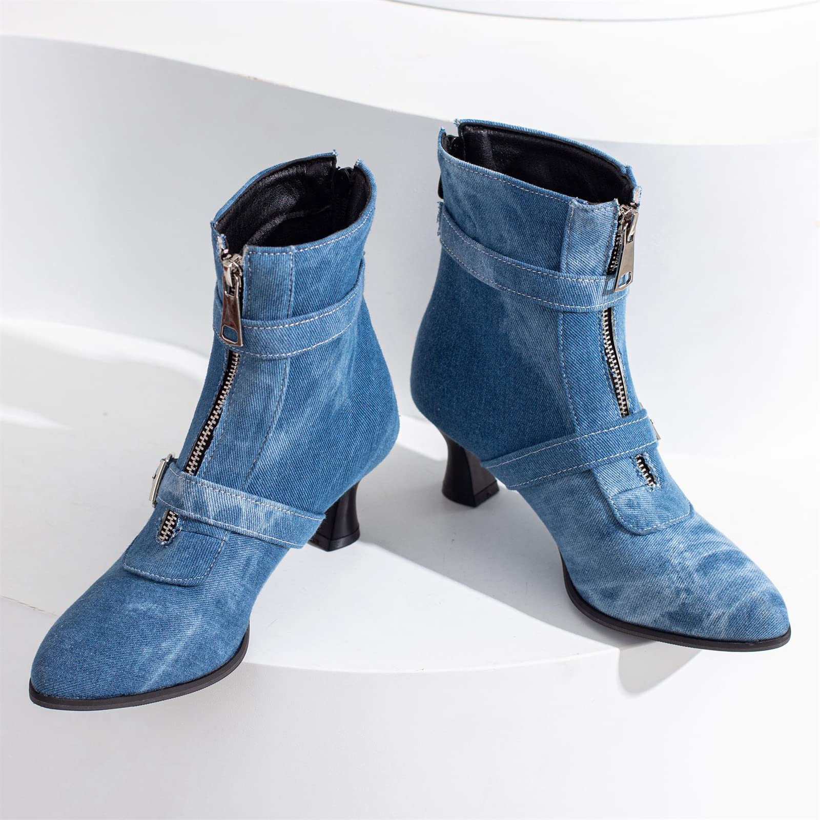 Elbslutt Women's Low Kitten Heel Booties - Pointed Toe Ankle Boots with Zip & Buckle Strap - Dress Shoes for Office, Party & Night Out