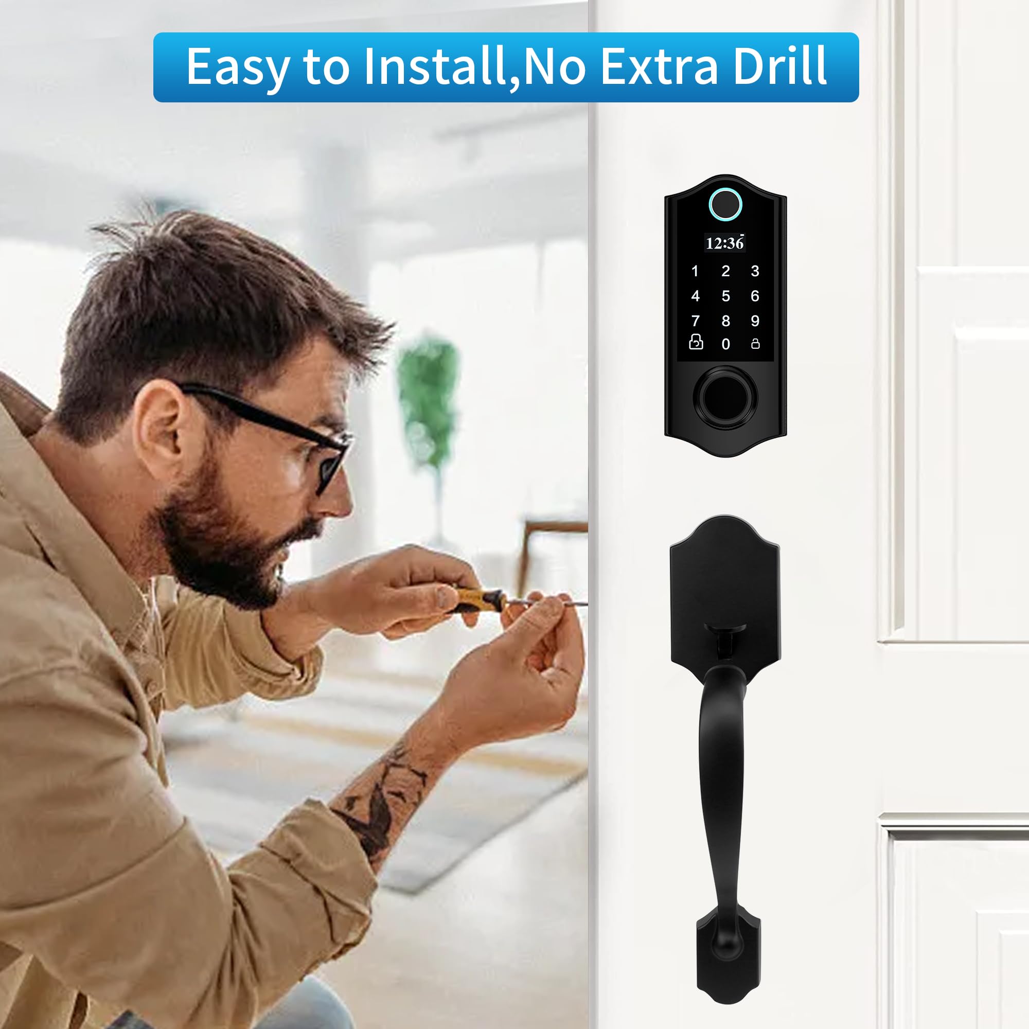 HARFO Smart Keyless Entry Fingerprint Door Lock with Keypad & Handle - Electronic Deadbolt for Front Door Security - Perfect for Homes, Apartments & Offices (Black)