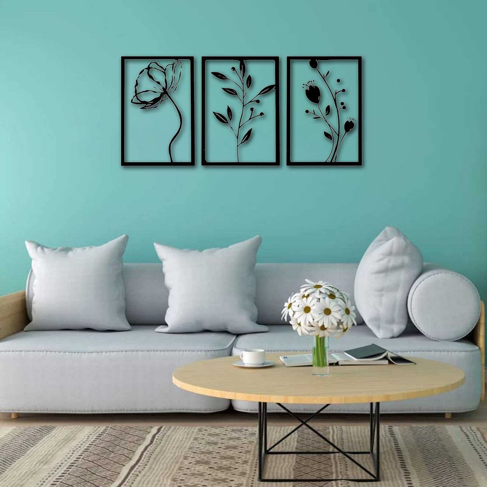 3-Piece Black Metal Wall Art Sculpture - Decorative Flowers Wall Decor for Patio, Balcony, Living Room, Bathroom, Bedroom & Dining Room | Elegant Home & Office Décor for Modern Spaces