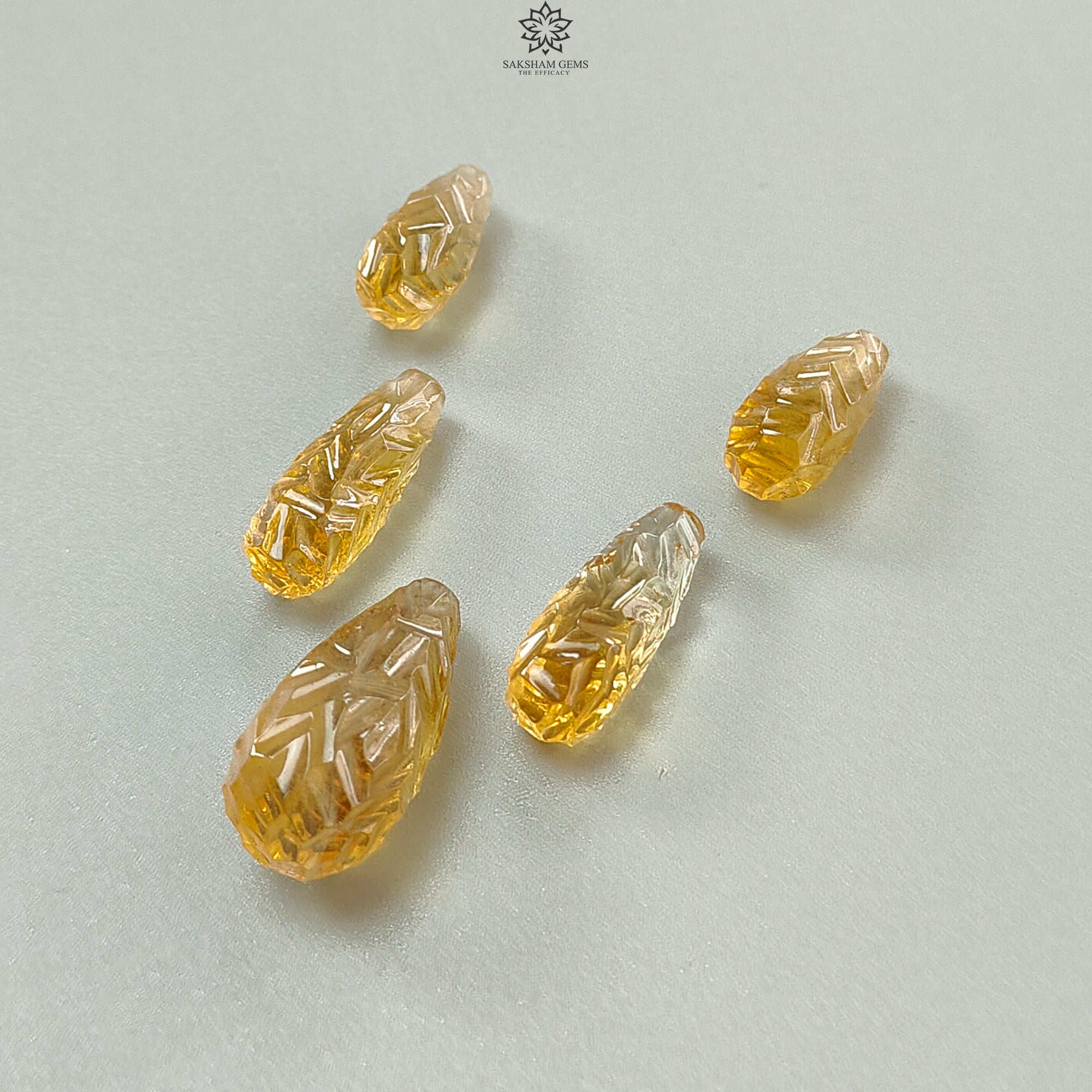 Natural Untreated Yellow Citrine Gemstone - 53.20cts Hand Carved Teardrop Shape (16mm-24mm, 5pcs Set) - November Birthstone for Jewelry Making, Healing Crystals & Spiritual Gifts