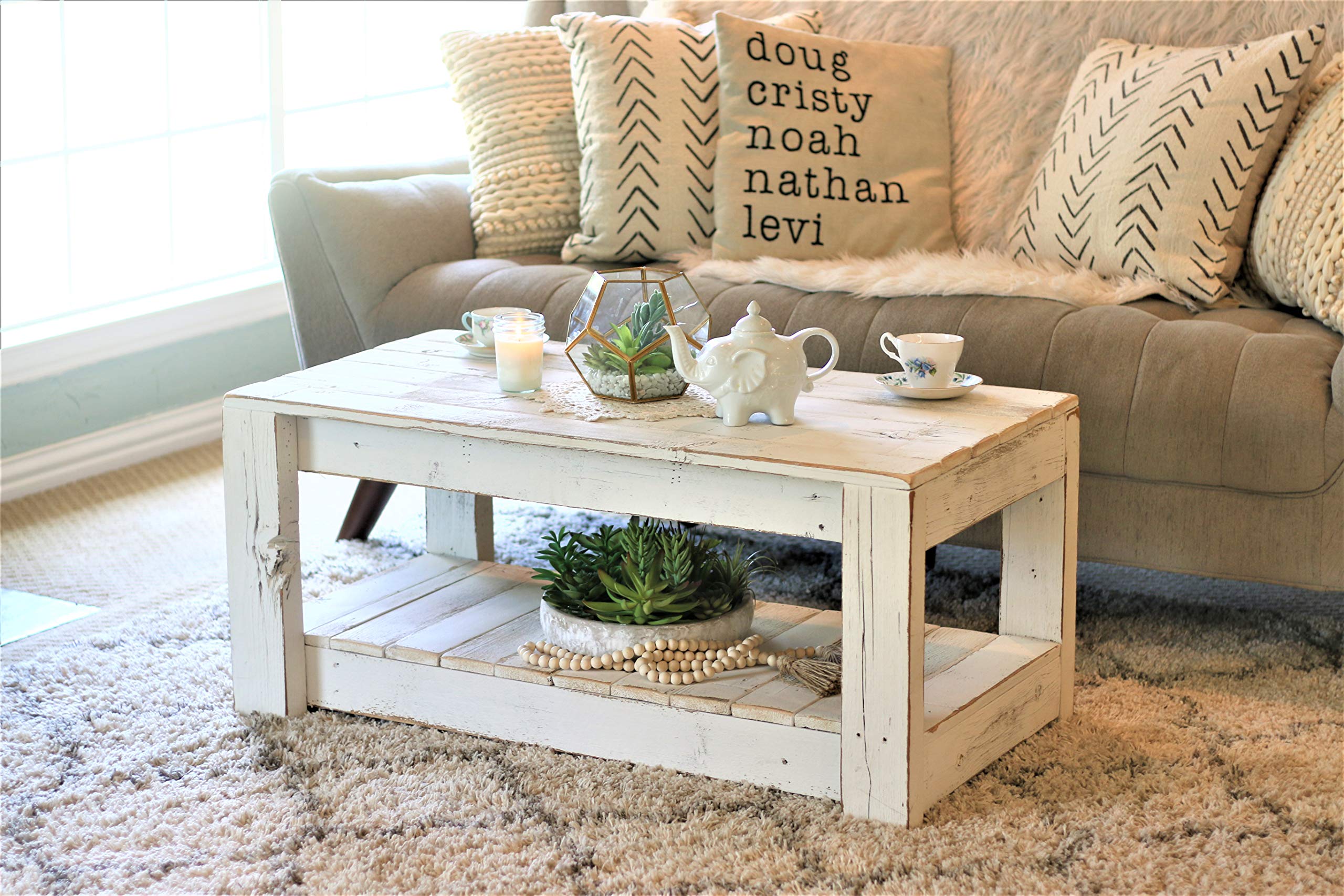 Rustic White Farmhouse Coffee Table with Lower Shelf - Perfect for Living Room, Lounge & Farmhouse Decor