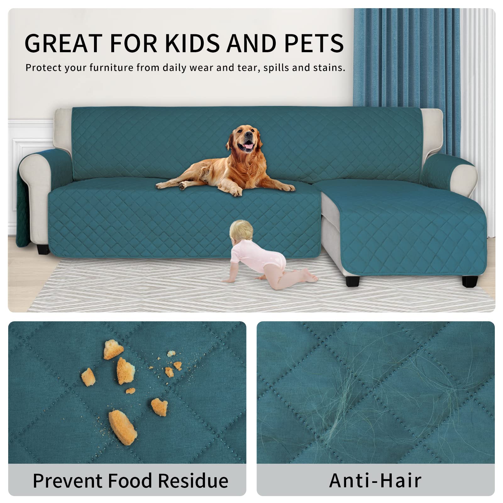 **ISSUNTEX Reversible L-Shaped Sectional Couch Cover for Dogs & Pets – Water-Resistant Sofa Protector for Kids, Large Size (Peacock Blue) – Perfect for Living Room, Family Room & Pet-Friendly Homes**
