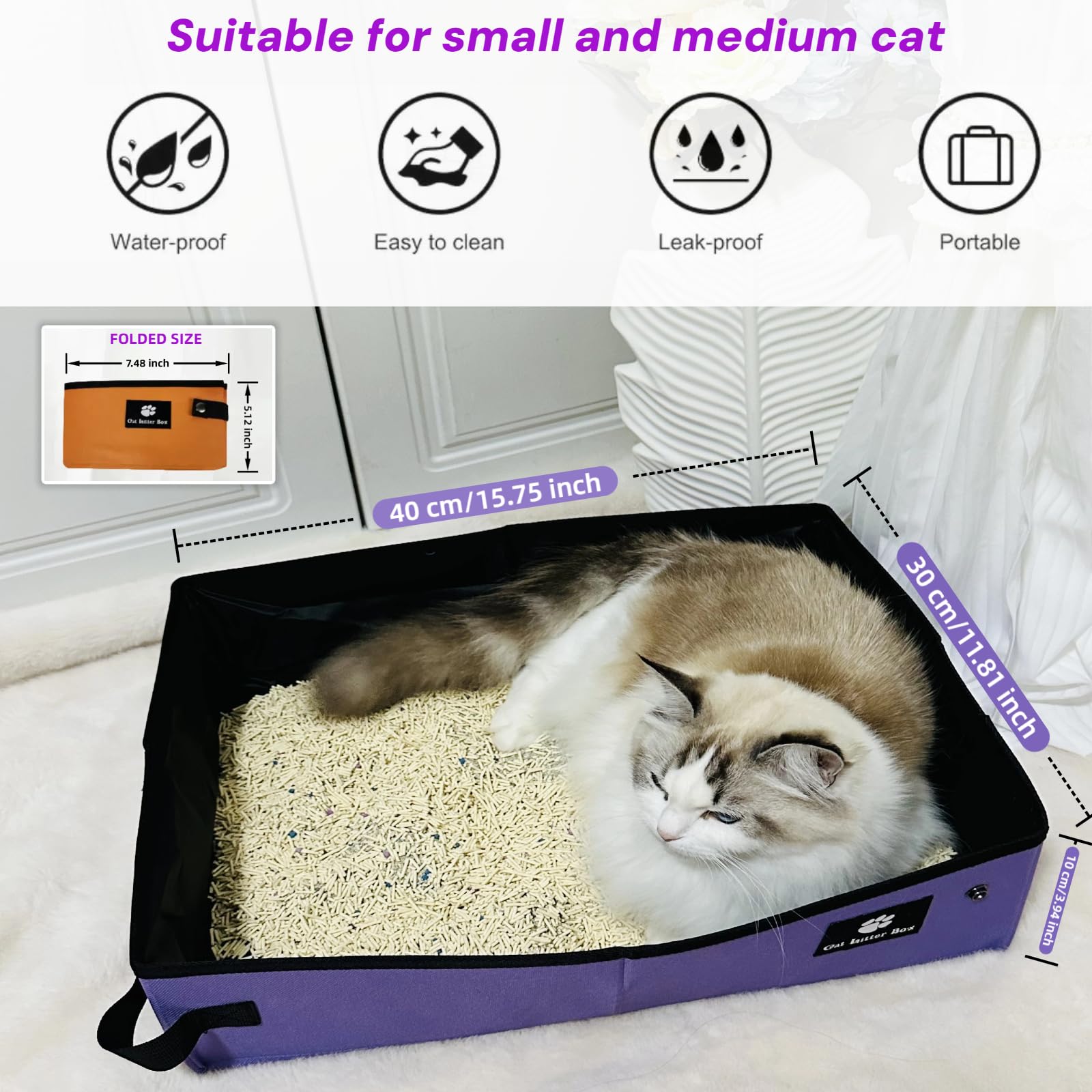 Foldable Waterproof Travel Cat Litter Box - Portable & Leak-Proof Small Litter Pan for Camping, Hotels, Road Trips & Vet Visits | Compact Design for Easy Packing | Ideal for Indoor & Outdoor Use (Purple)