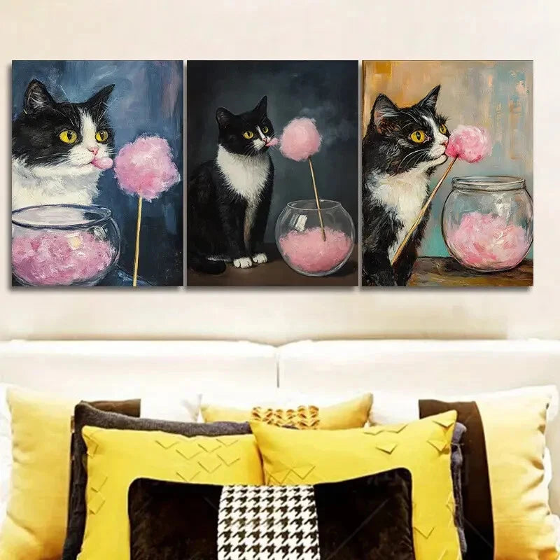 3-Piece Kitty Eating Marshmallows Metal Wall Art - Ready to Hang Cute Cat Decor for Living Room, Bedroom & Office