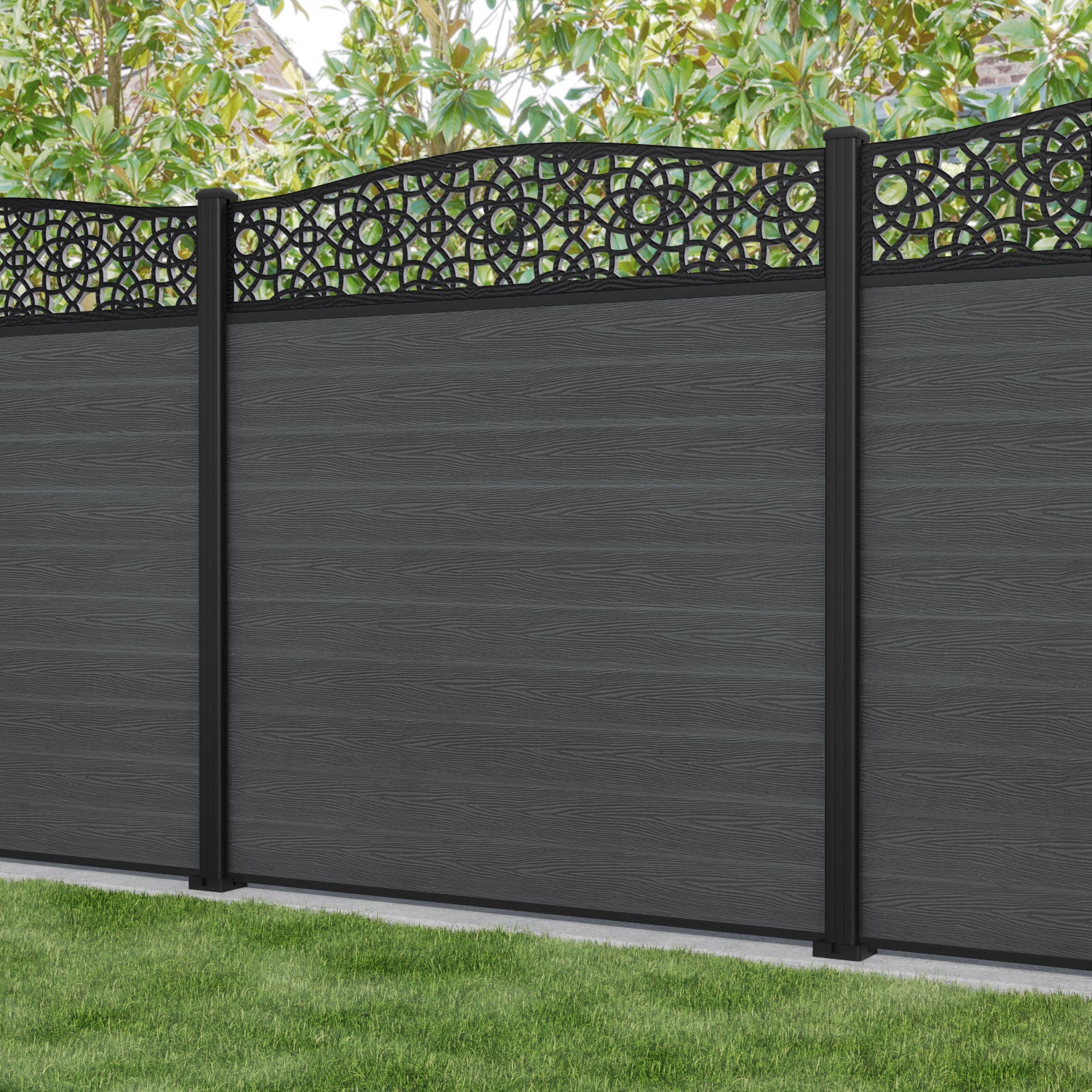 Classic Amber Curved Top Fence Panel - Dark Grey with Aluminum Posts | Durable Outdoor Privacy Fence for Garden, Yard & Patio