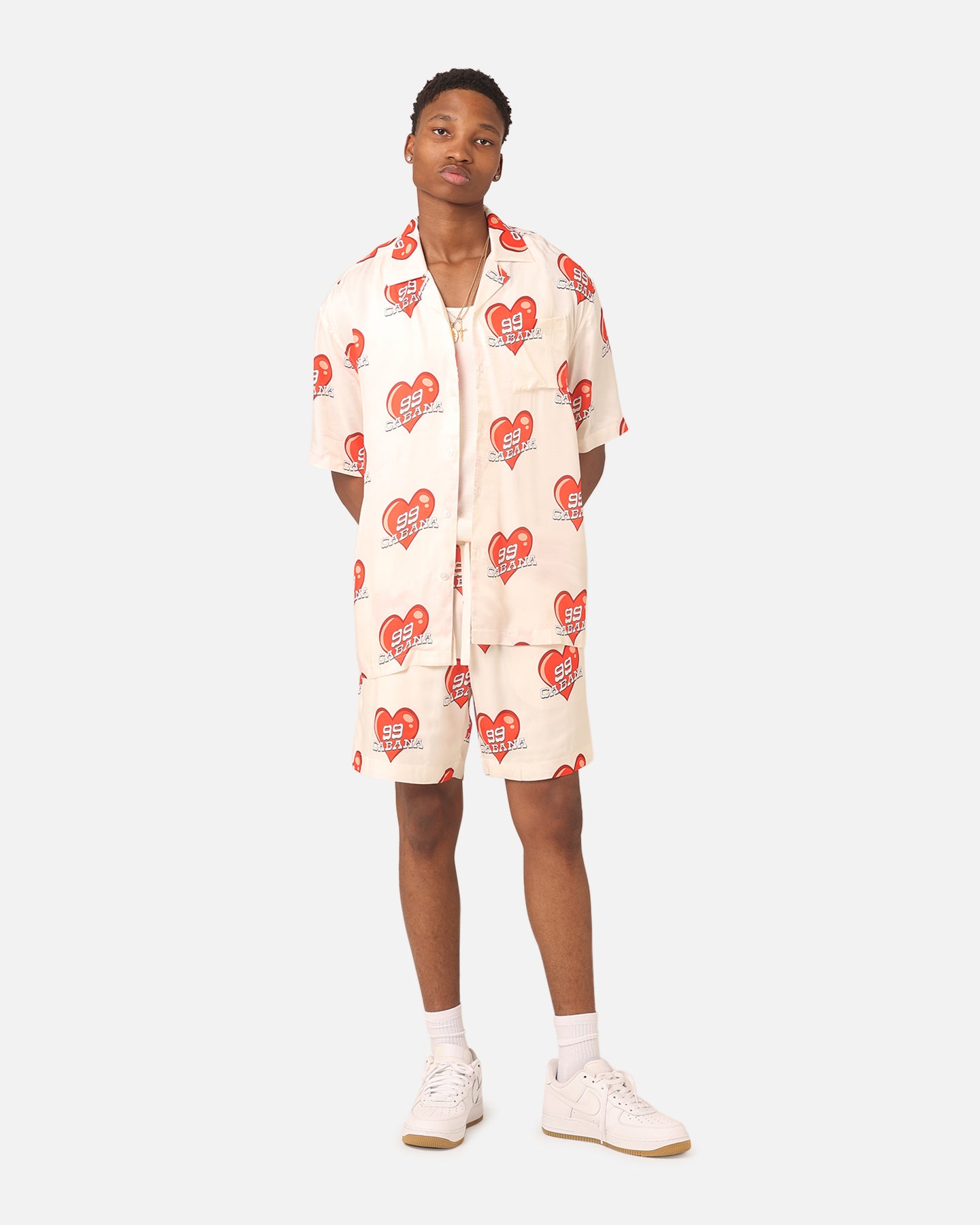 99 Cabana Roaming Hearts Short Sleeve Button Up Shirt for Women - Off White & Red Floral Print Vacation Shirt, Perfect for Beach Outings, Summer Parties and Tropical Getaways