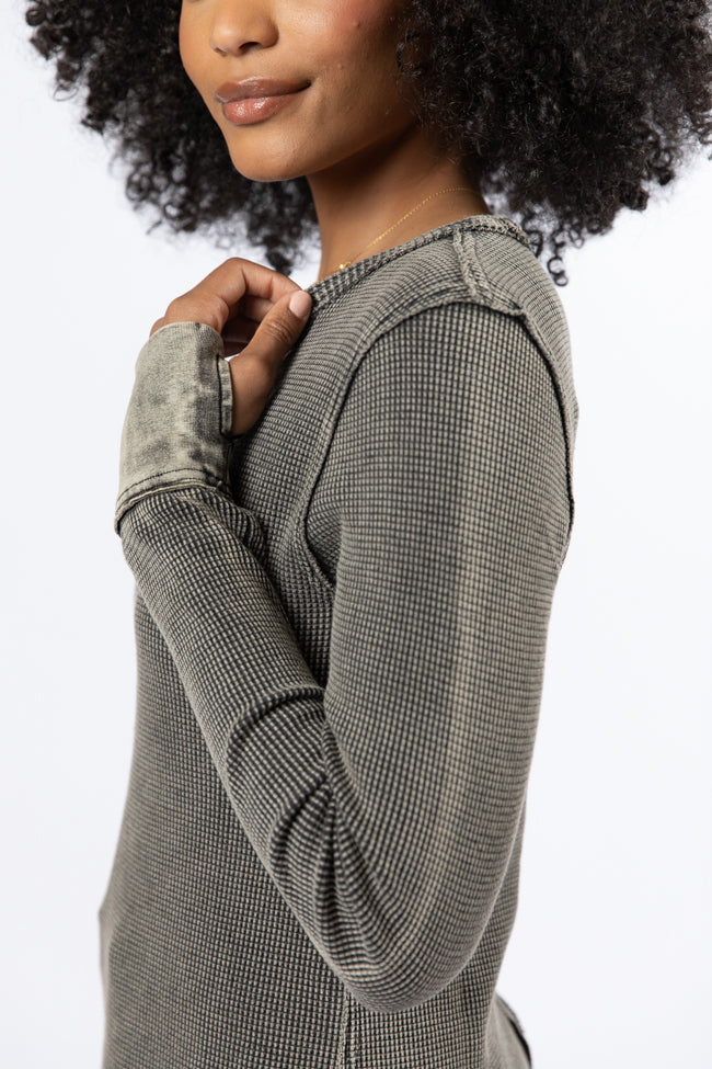 Black Acid Wash Waffle Fitted Tee for Women - Vintage Distressed Cotton T-Shirt - Casual Streetwear & Layering Essential
