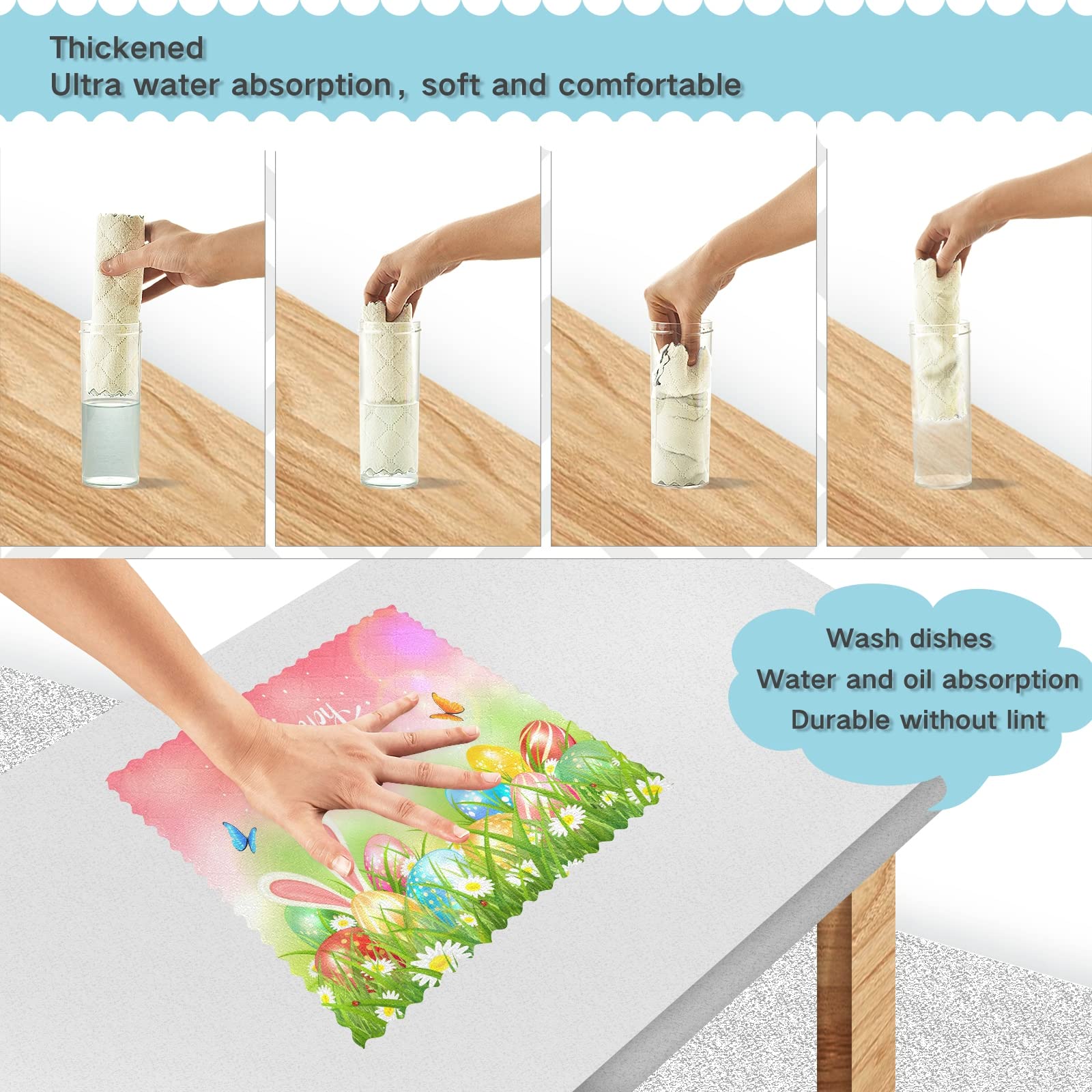 Premium Absorbent Dish Towels Set of 6 - 11x11 Inch Lint-Free Kitchen Cleaning Cloths with Easter Eggs, Butterflies & Spring Flowers Design - Soft Bar Mop Tea Towels for Dishes, Countertops & Kitchen Decor