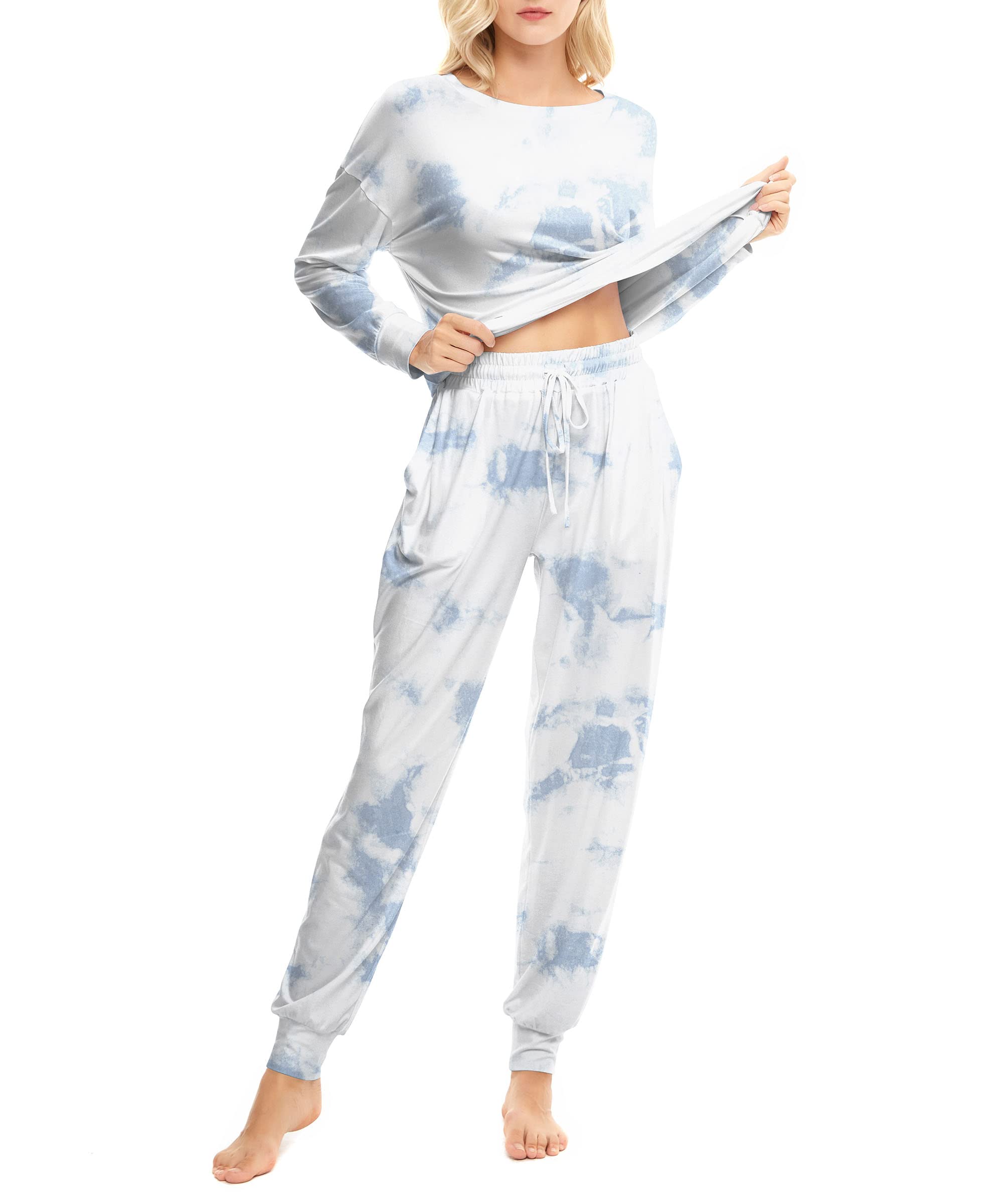 **Forcord Women's Tie-Dye Pajama Set - Long Sleeve Sweatshirt & Pants Sleepwear Lounge Outfit with Pockets - 2-Piece PJ Set for Cozy Nights & Relaxing at Home**