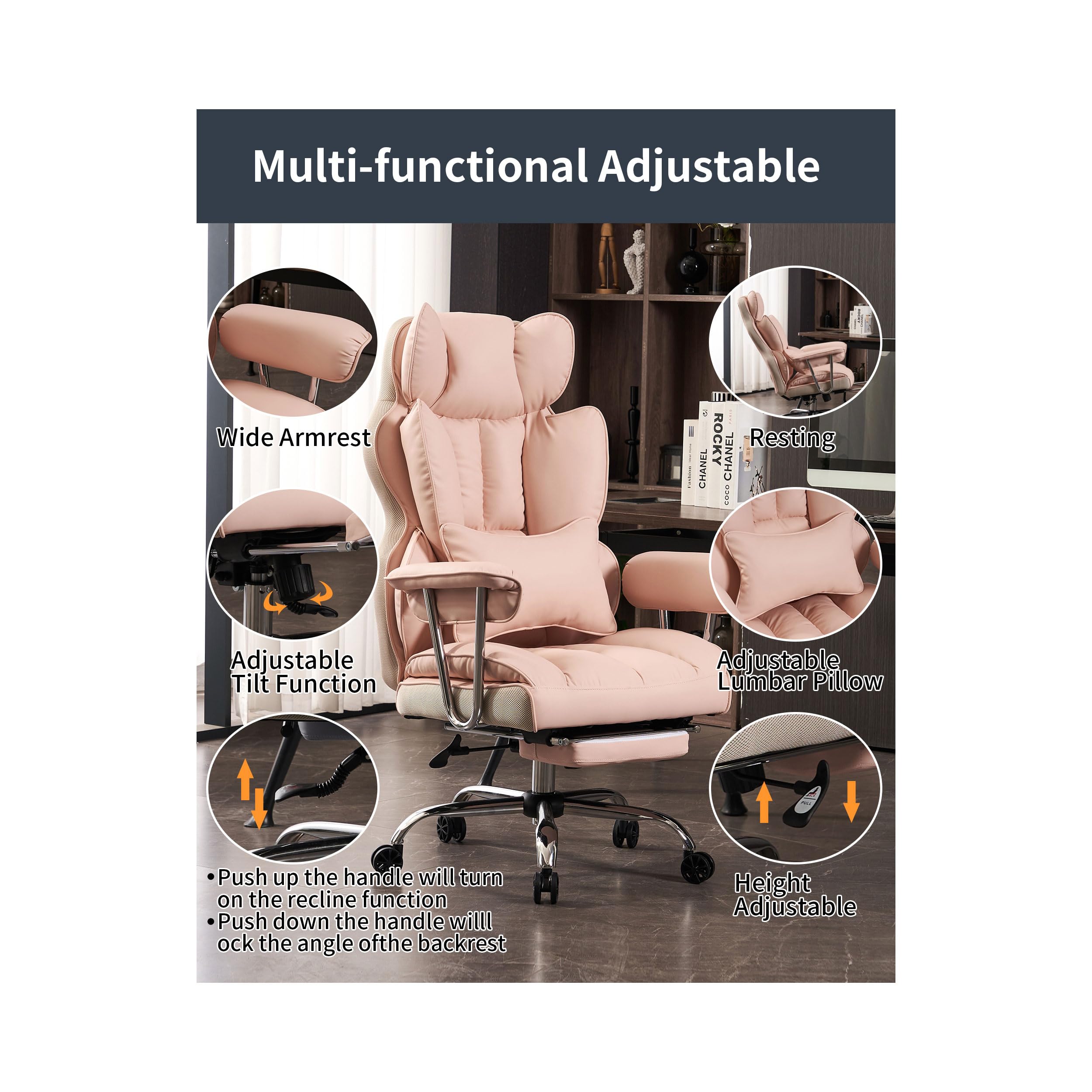 Efomao Big and Tall Office Chair 400LBS Heavy Duty Executive Chair with Footrest - Pink Oversized Computer Desk Chair for Home Office, Gaming & Workspace Comfort