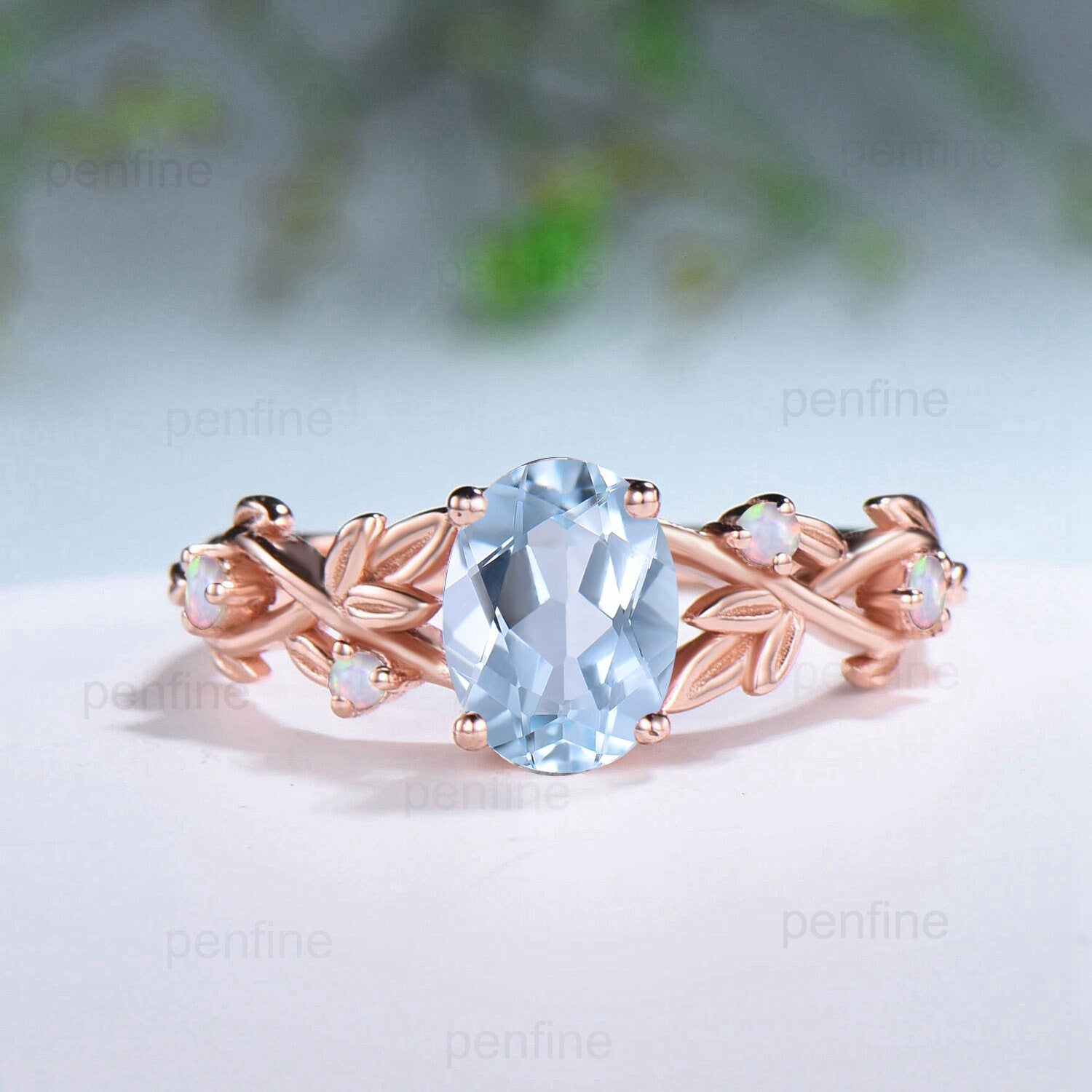 Aquamarine Engagement Ring Set - Nature Inspired Twig Leaf Vine Design, March Birthstone Wedding Ring in Rose Gold with Opal Accents, Stackable Bridal Ring Set for Women - Perfect for Weddings, Anniversaries & Everyday Elegance