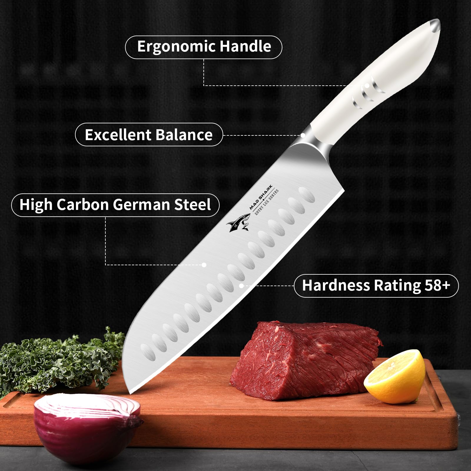 MAD SHARK 8 Inch Santoku Knife - Ultra Sharp Japanese Kitchen Knife with High Carbon German Steel & Ergonomic Handle - Perfect for Chopping, Slicing, and Dicing - Ideal Gift for Home Chefs and Cooking Enthusiasts