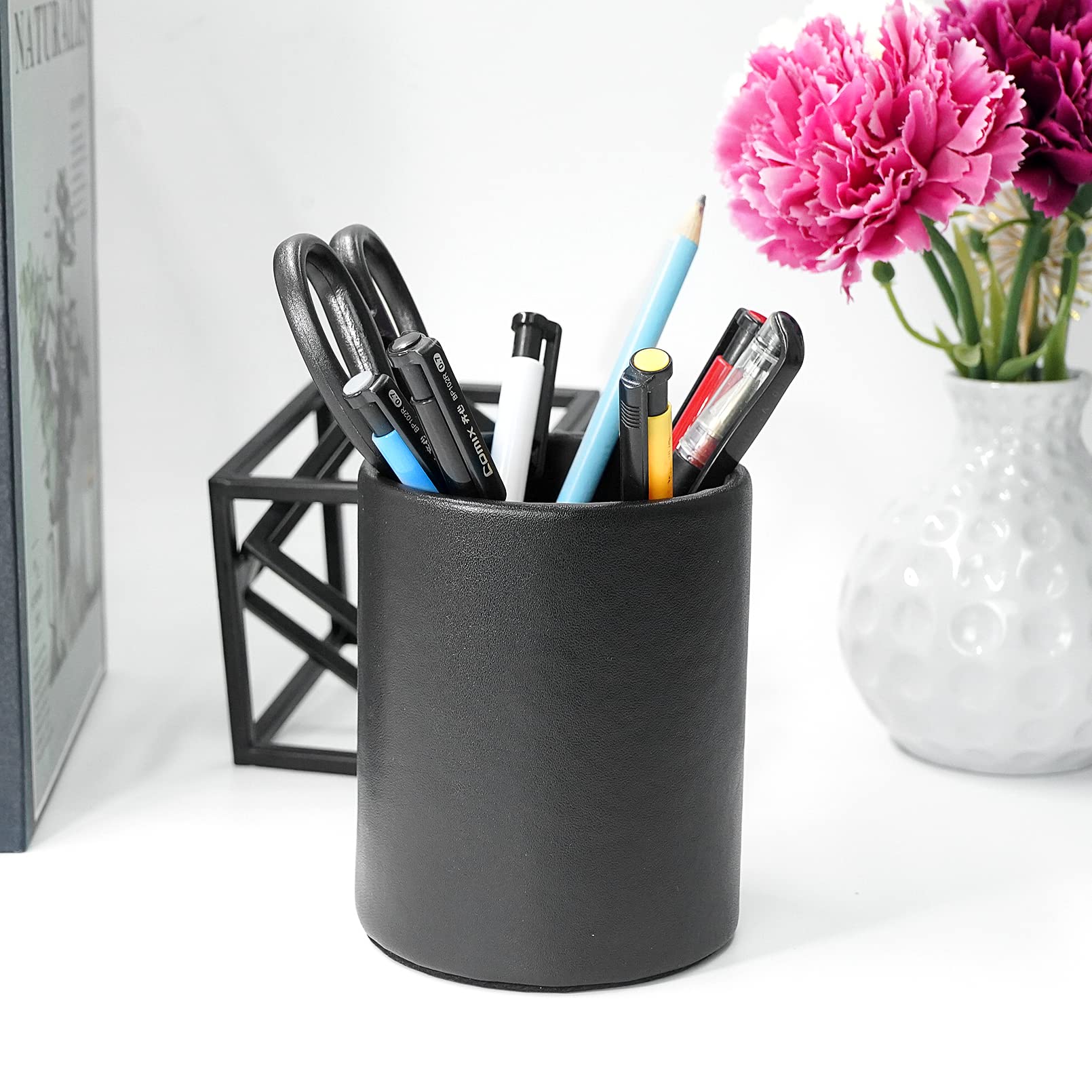 Premium Leather Pen Holder for Desk - Elegant Round Black Pencil Cup Organizer | Perfect for Office, Home Study & Gift Giving