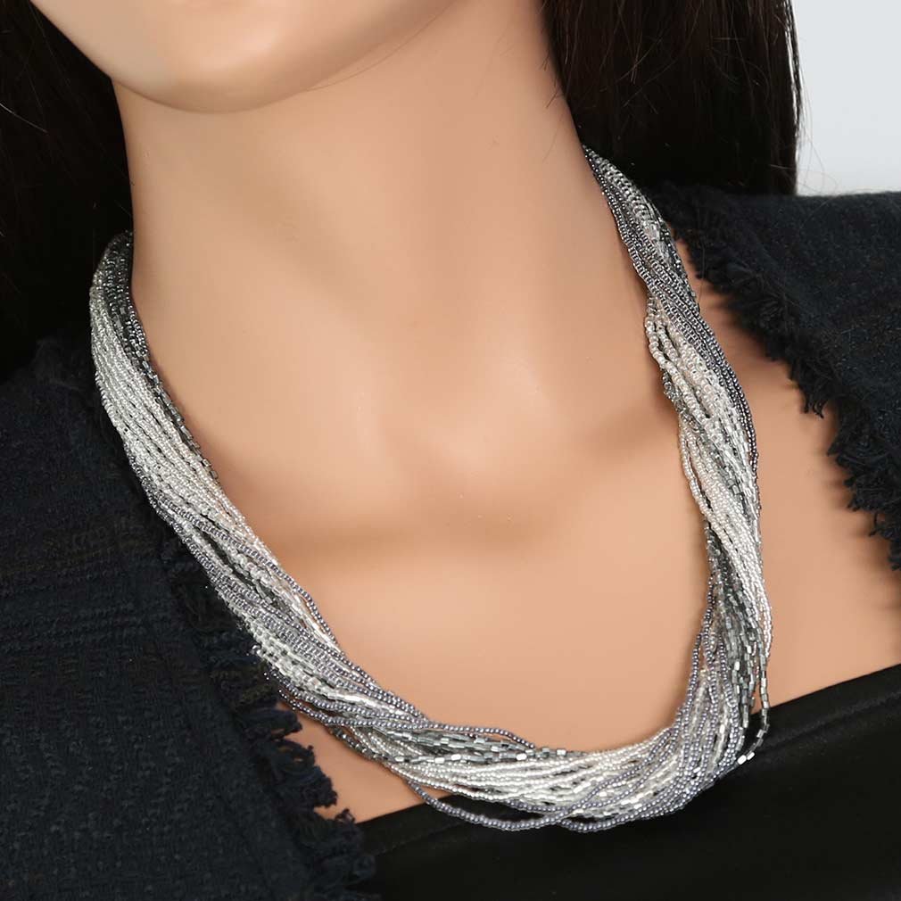Venetian Murano Glass Gloriosa 24-Strand Seed Bead Necklace in Silver Grey - Elegant Jewelry for Weddings, Parties & Special Occasions