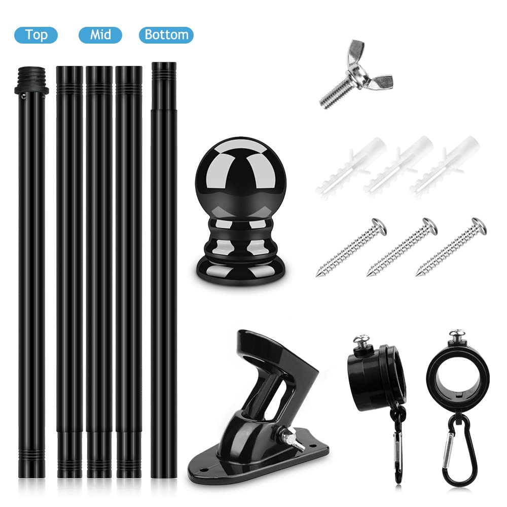 6ft Stainless Steel Wall Mounted Flag Pole Kit with Bracket & Rings - Outdoor House Flagpole for Yard, Garden, Residential & Commercial Use - Perfect for Patriotic Displays, Sports Events & Home Decor (Black)