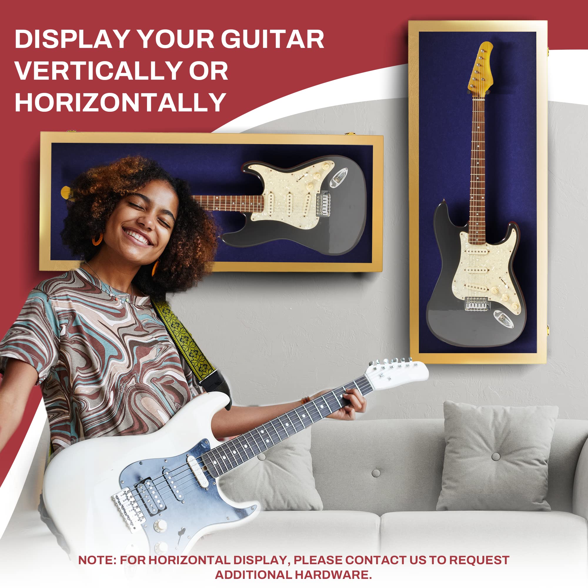 Premium Acrylic Electric Guitar Display Case with Hardwood Frame - Wall Mount Guitar Case in Golden Oak & Blue Felt - Perfect for Home, Studio & Music Store Displays