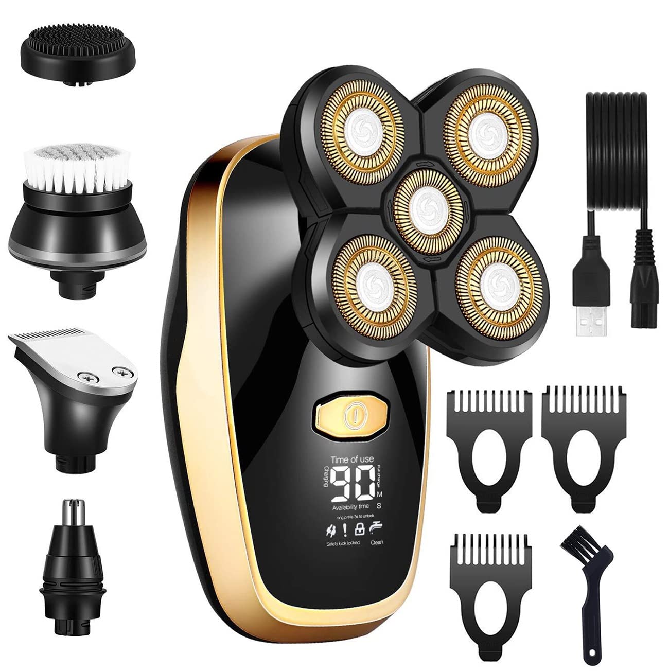 Premium 5-in-1 Electric Razor for Men - Rechargeable Wet/Dry Shaver for Face, Body & Bald Head - Gold Beard Trimmer & Hair Grooming Kit | Perfect for Travel, Gym & Daily Shaving Routine