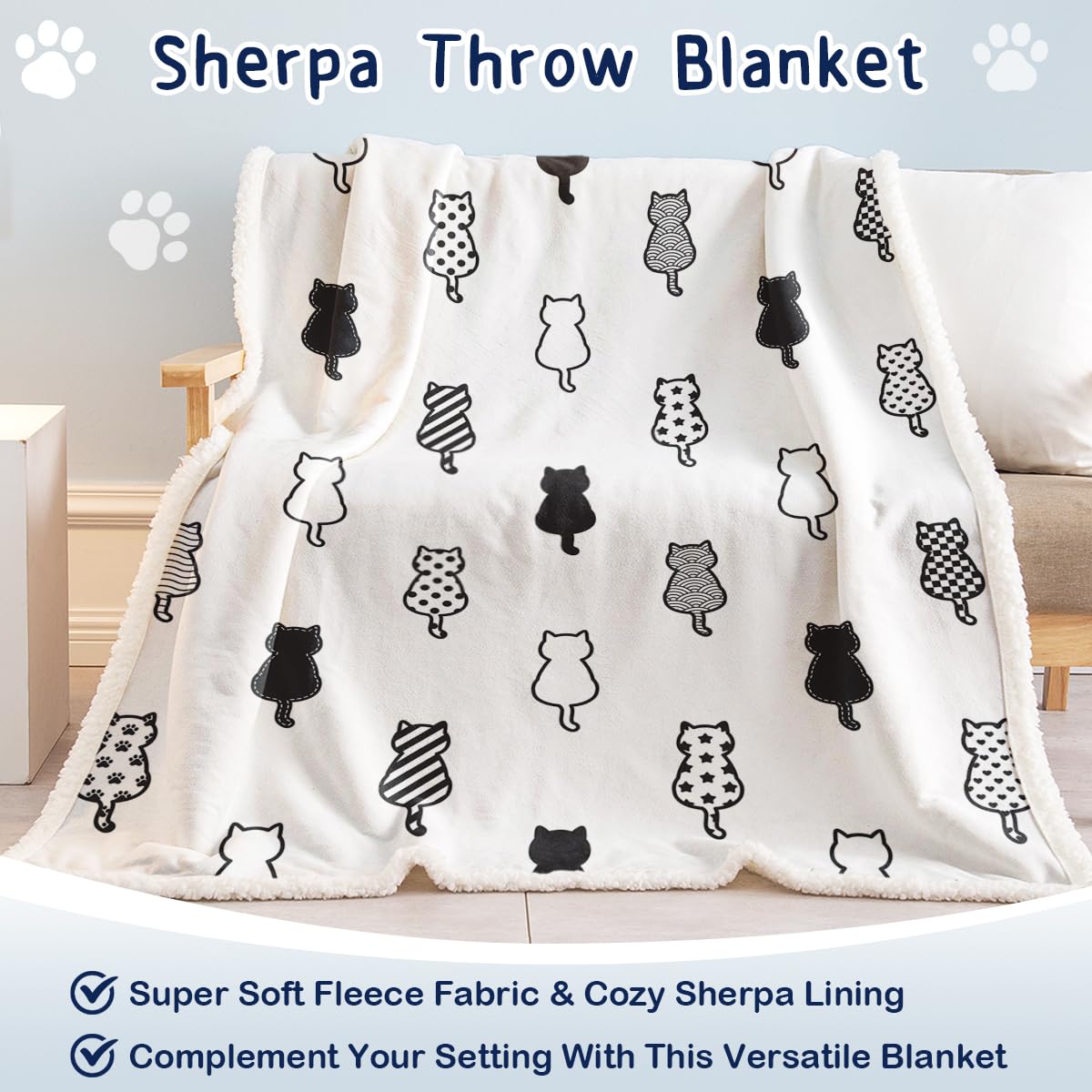 SOULZZZ Soft Fleece Sherpa Cat Blanket - Cozy Plush Throw for Women, Girls & Cat Lovers - 80x60 Inch Black & White Kawaii Kitten Blanket - Perfect for Cuddling, Sofa Lounging & Gift Giving