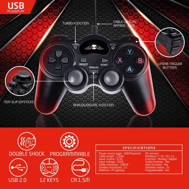 No Fear USB Gaming Controller - 1.5M Cable, Plug & Play - Adjustable for PC Gaming
