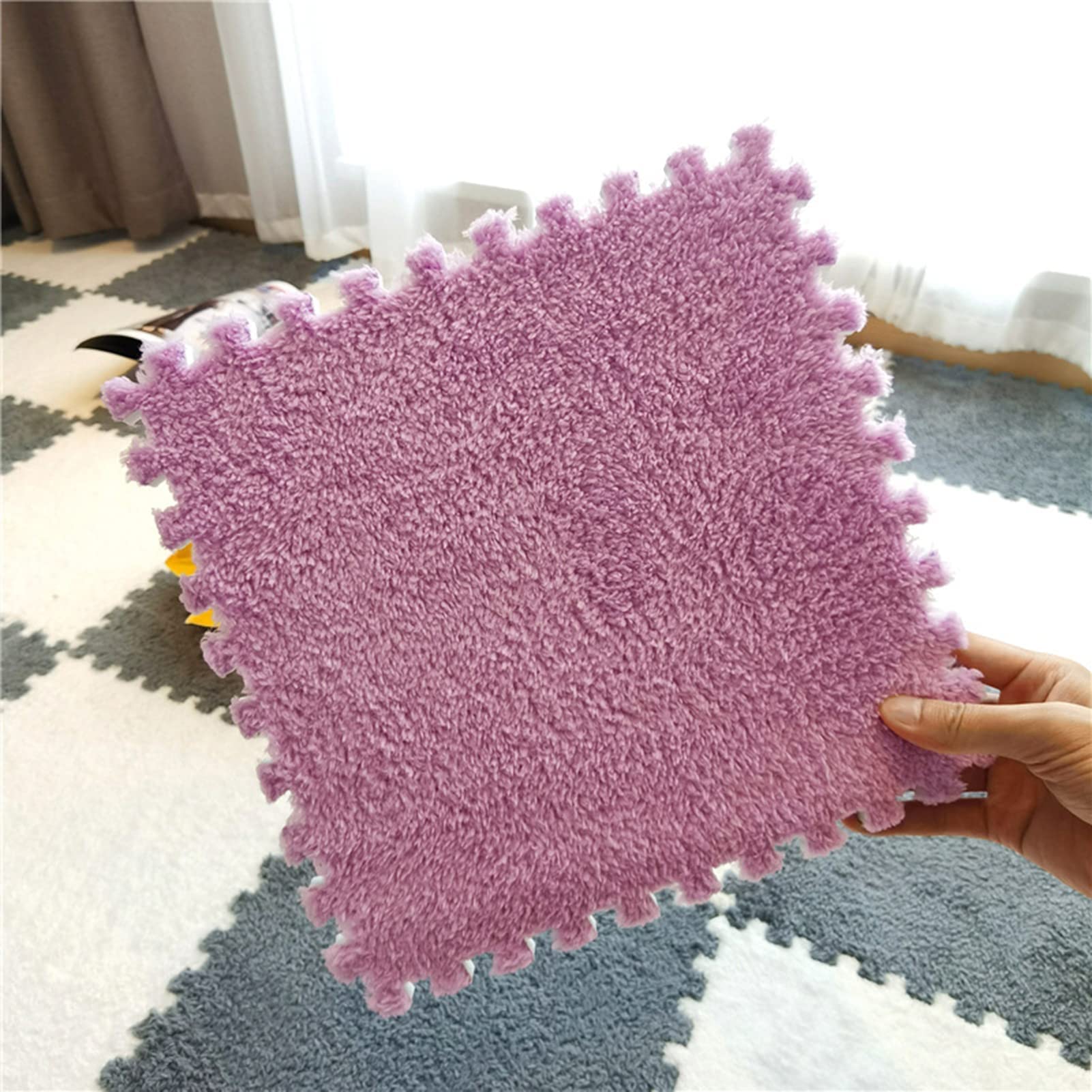 10-Piece Soft Plush Puzzle Play Mat for Babies - Non-Slip Shaggy Square Carpet Tiles, Fluffy Floor Rug for Nursery, Living Room & Bedroom (Purple) - Perfect for Crawling, Playtime & Home Decor