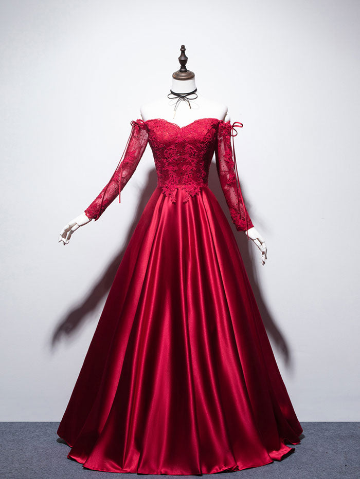 Elegant Burgundy Sweetheart Neckline Lace & Satin Long Prom Dress - Formal Evening Gown for Homecoming, Wedding, Ball & Special Occasions