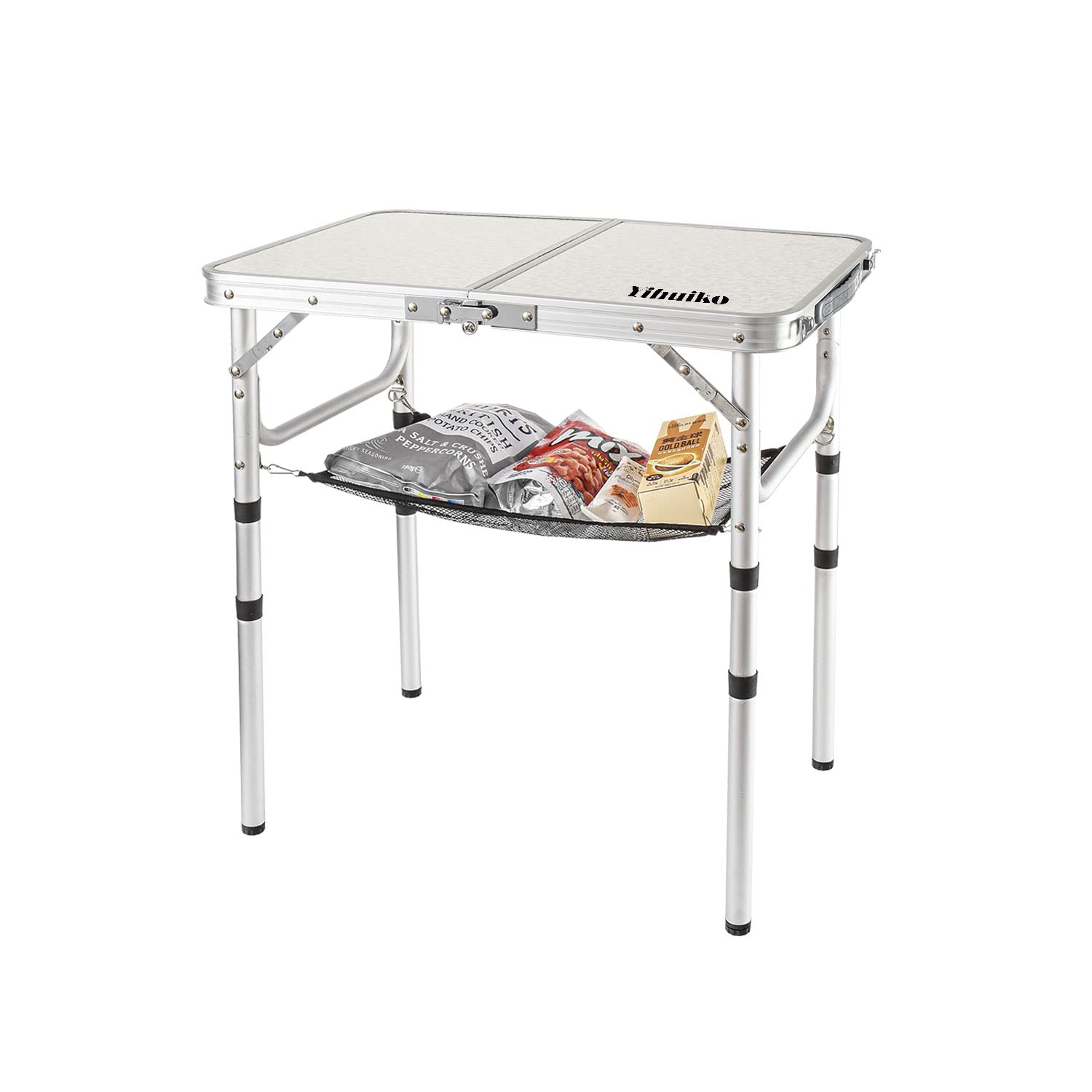Adjustable Height Camping Table with Mesh Storage Layer, 23.6