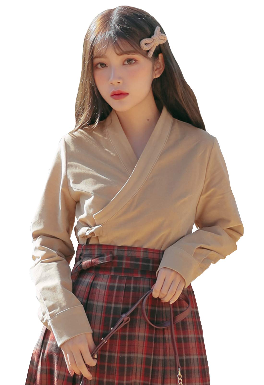 TETEROT SALON Women's Vintage Korean Hanbok Style Corduroy Blouse - Long Sleeve Retro Shirt in Beige | Perfect for Traditional Events, Cultural Festivals & Boho Chic Outfits