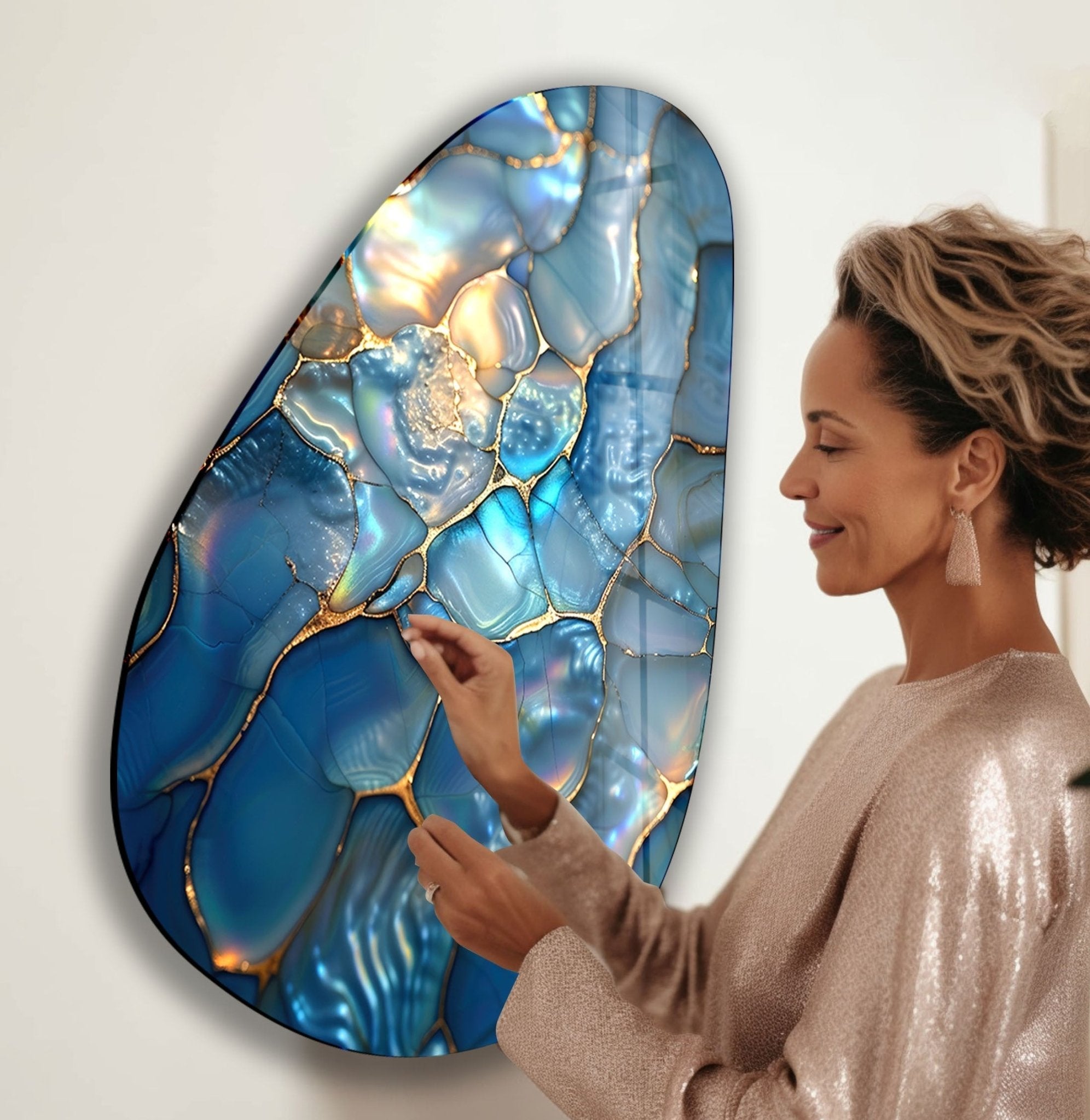 Modern Asymmetrical Oval Shiny Cracked Glass Wall Art - Elegant Home Decor for Living Room, Bedroom & Office