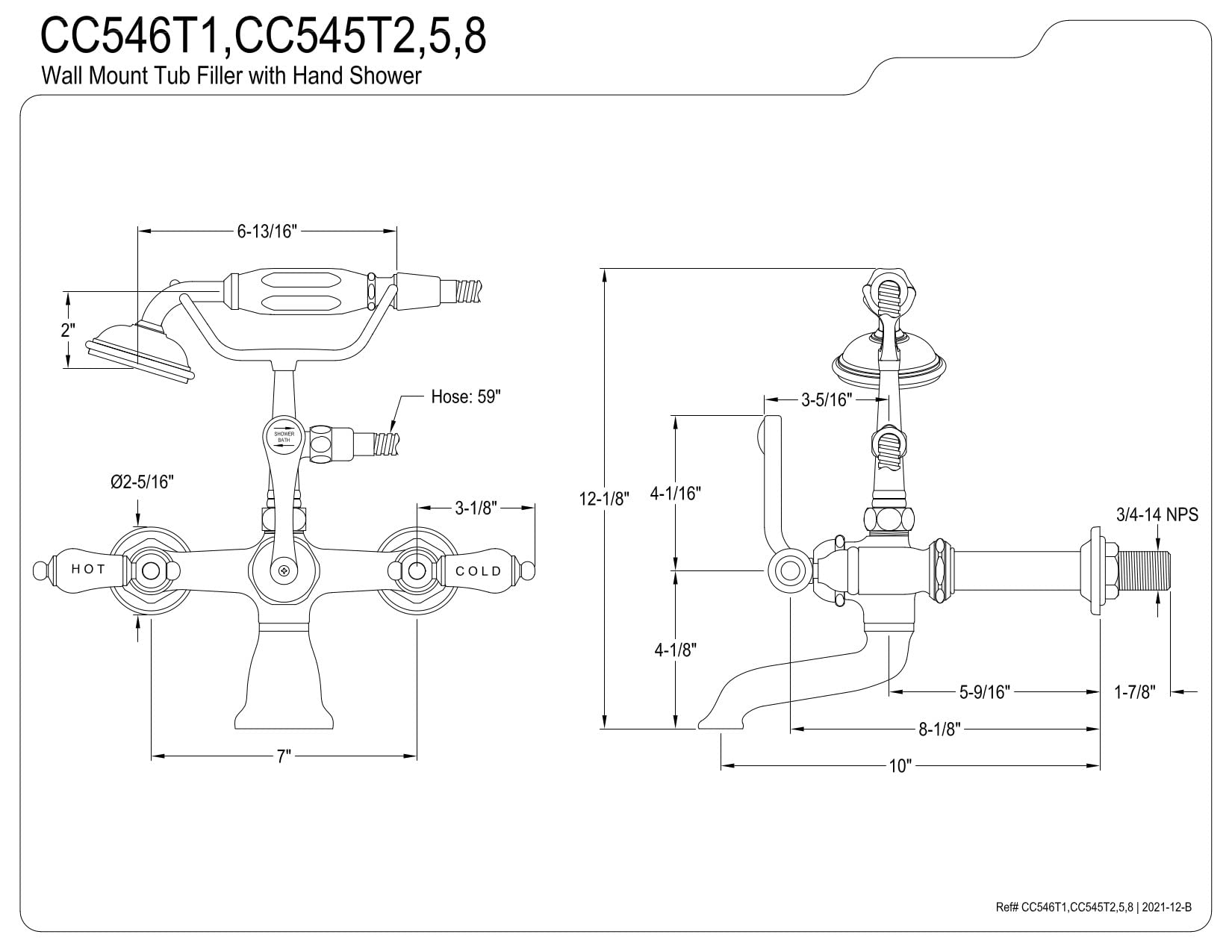Kingston Brass CC545T5 Vintage 7-Inch Wall Mount Tub Filler with Hand Shower in Oil Rubbed Bronze - Perfect for Bathroom Renovation & Spa-Like Experience