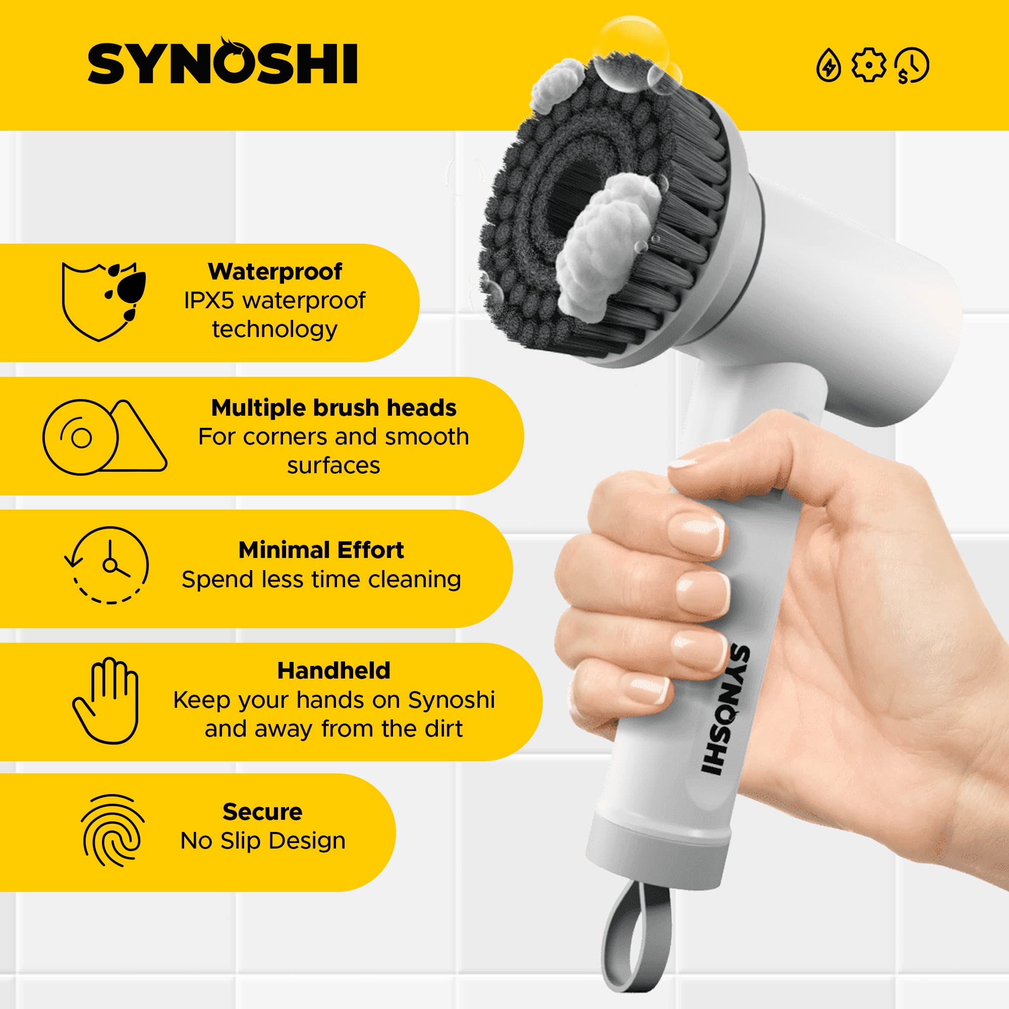 SYNOSHI Cordless Electric Spin Scrubber - Waterproof Power Cleaning Brush with 3 Replaceable Heads & Dual Speed Settings - Perfect for Bathroom Tiles, Shower, Bathtub, Kitchen, Car Detailing & Floor Cleaning - Effortless Deep Cleaning for Tough Stains & Grime