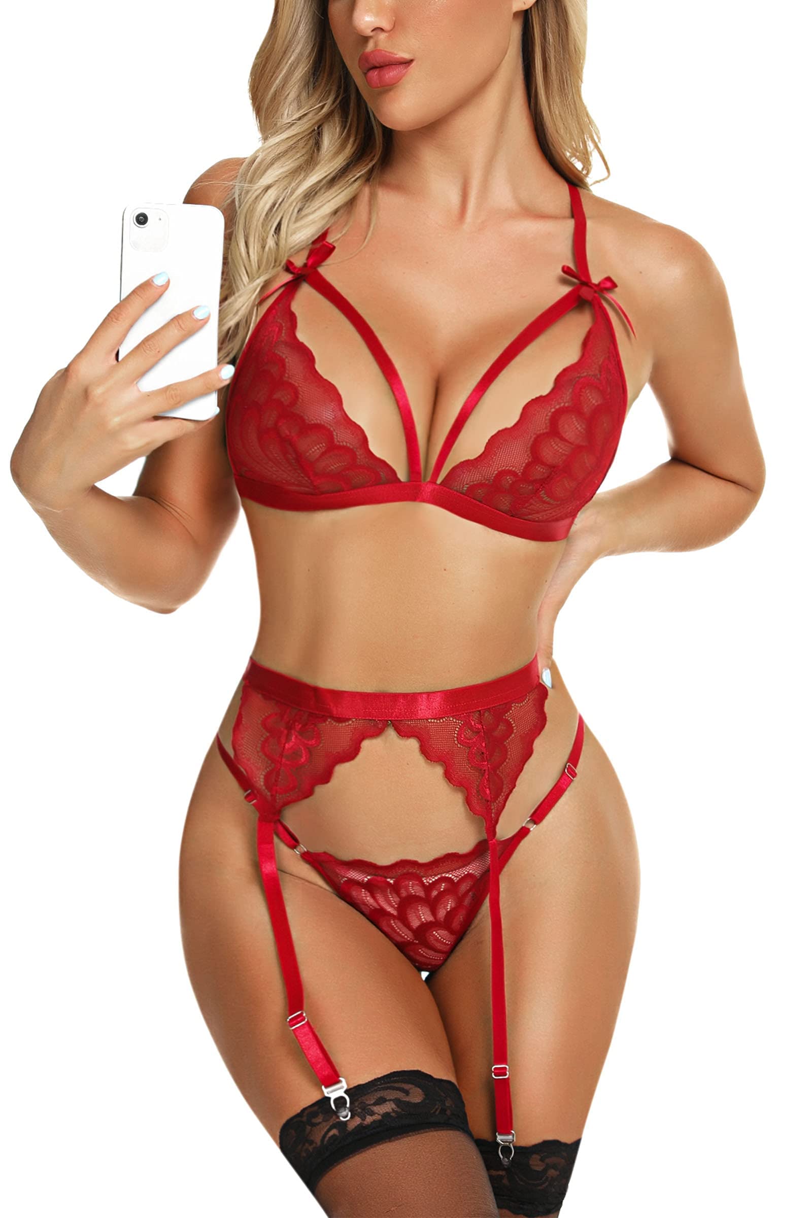 Aranmei 4-Piece Sexy Lingerie Set for Women - Lace Bra, Panty, Garter Belt & Stockings | Perfect for Valentine's Day, Bridal Shower & Romantic Nights